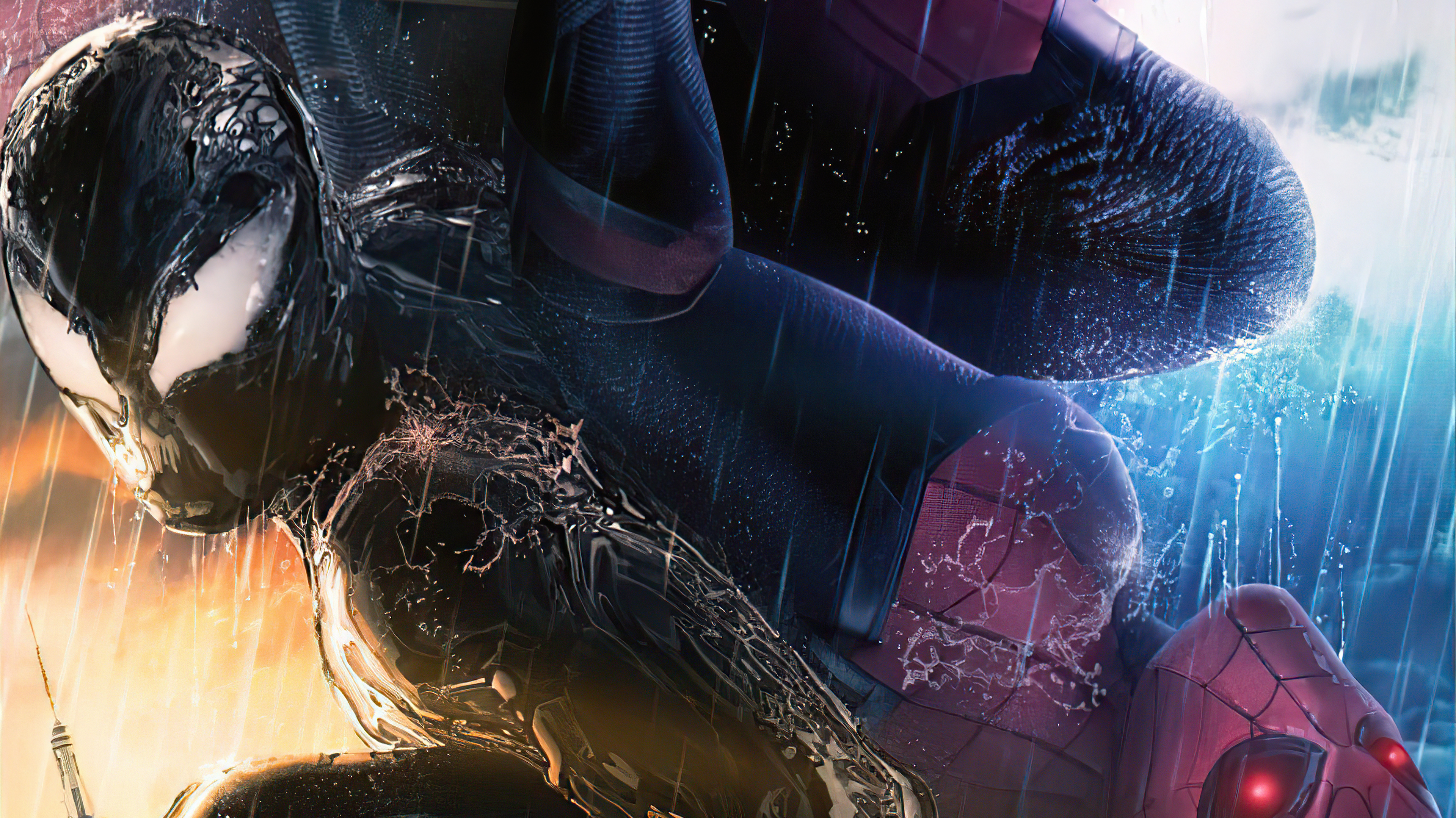 Spider-Man in Black Suit with Red Accents in Rain HD Wallpaper