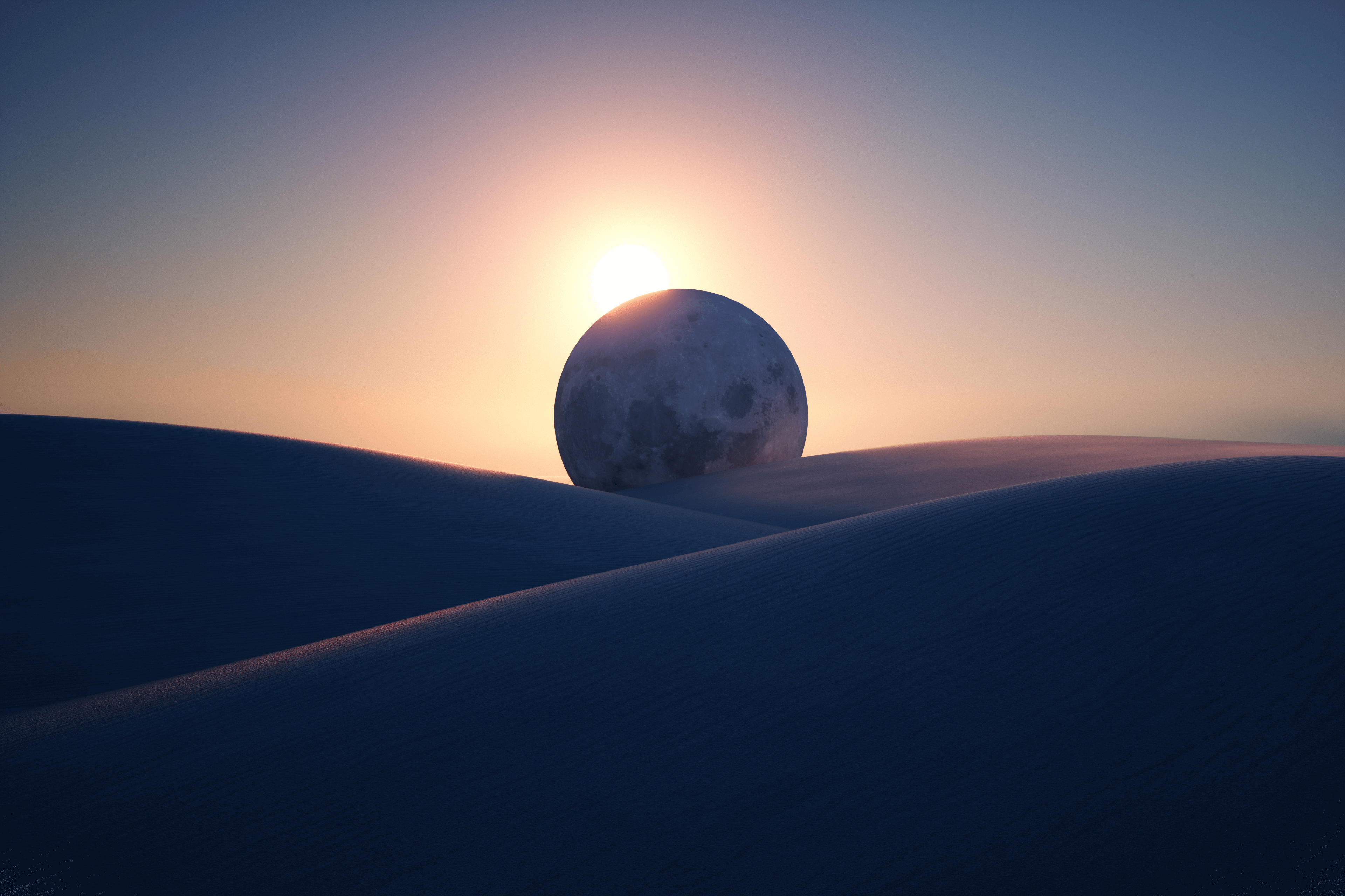 Moon over desert dunes at sunset 4K HD Wallpaper