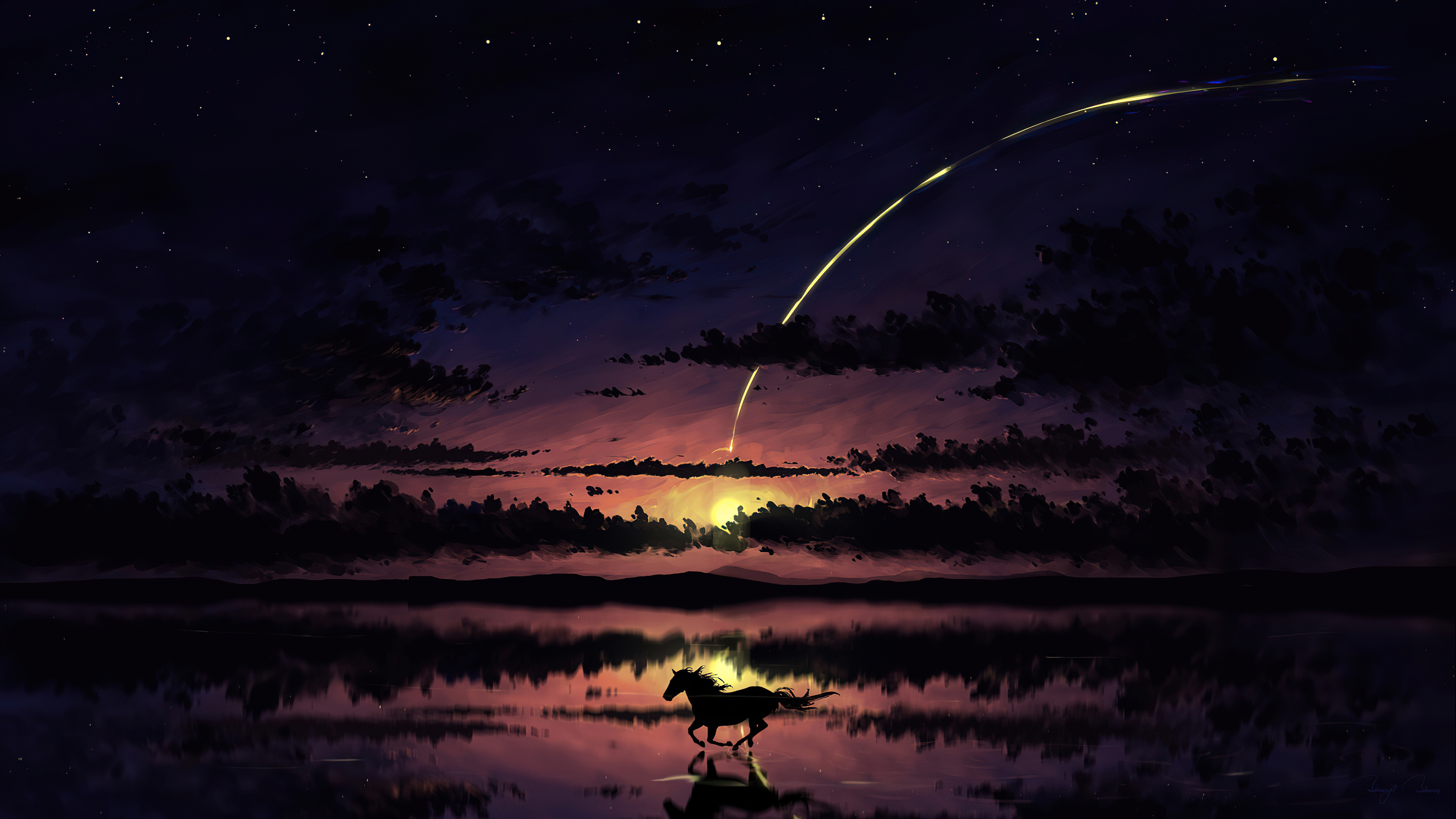 Horse running in front of sunset and shooting star HD Wallpaper