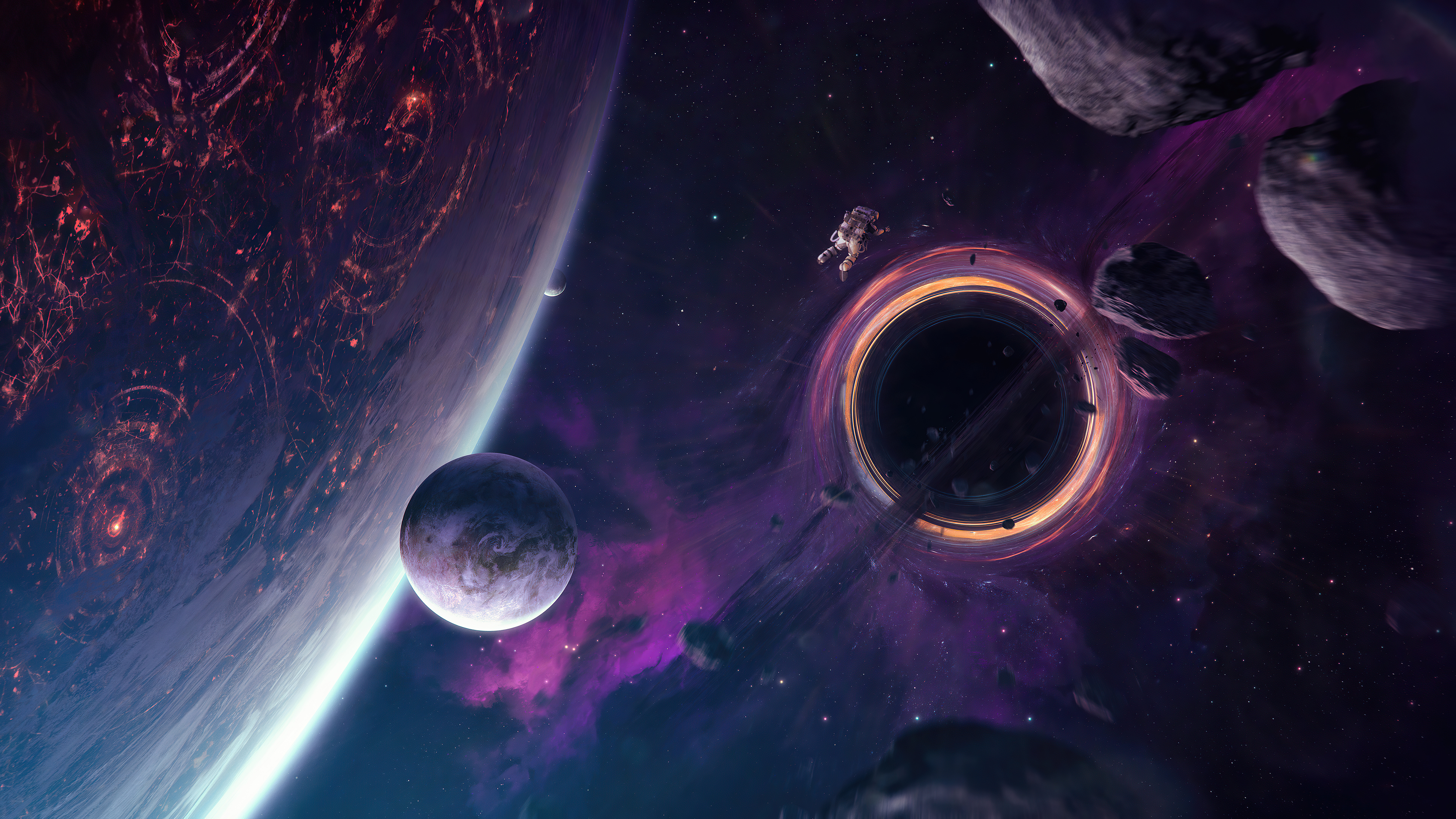 Astronaut near a black hole and planets in digital art HD Wallpaper
