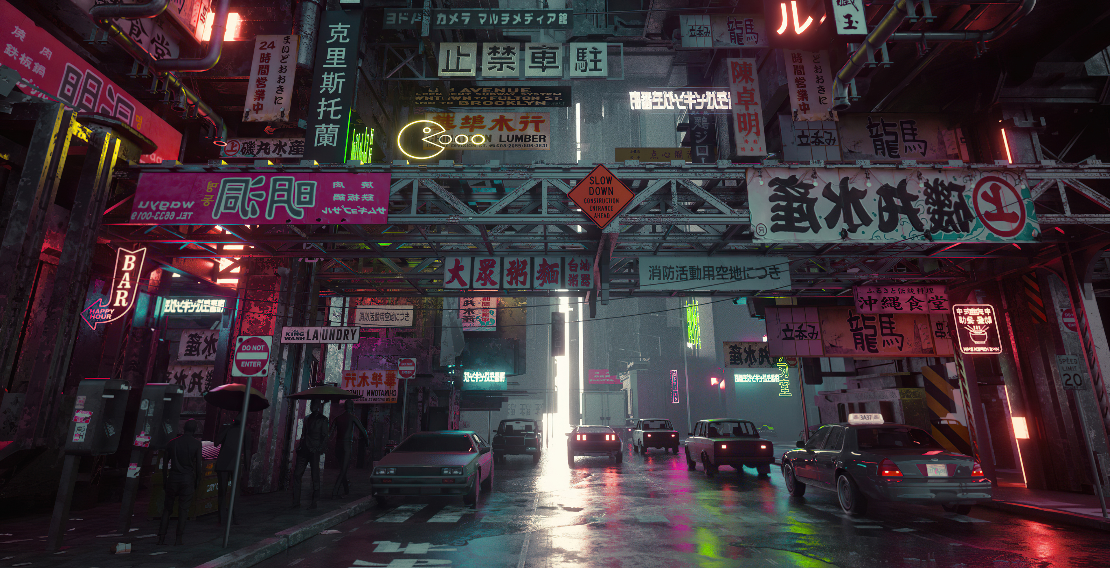 Cyberpunk City Street with Neon Signs HD Wallpaper