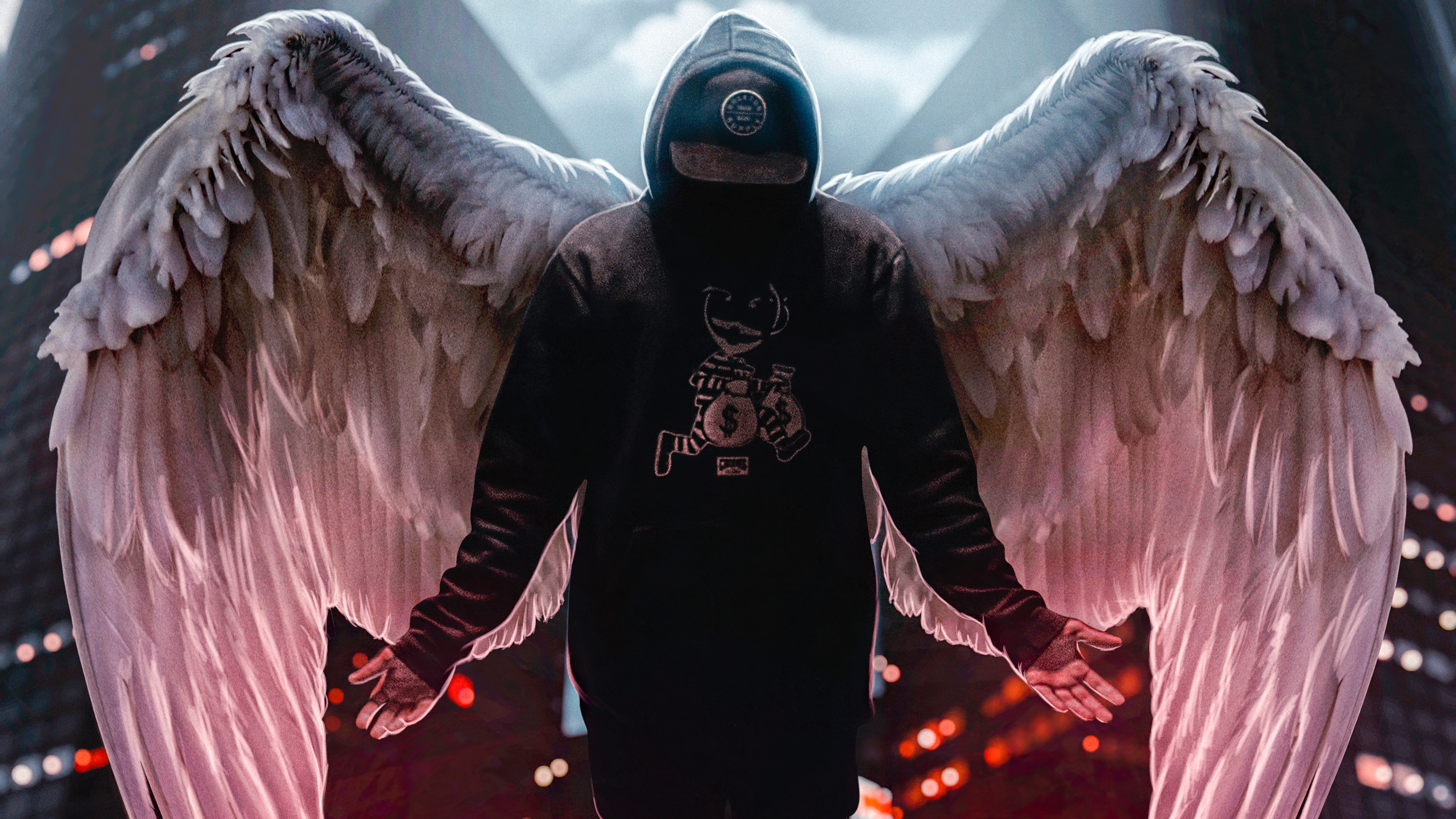 Hooded figure with angel wings in 4K HD Wallpaper