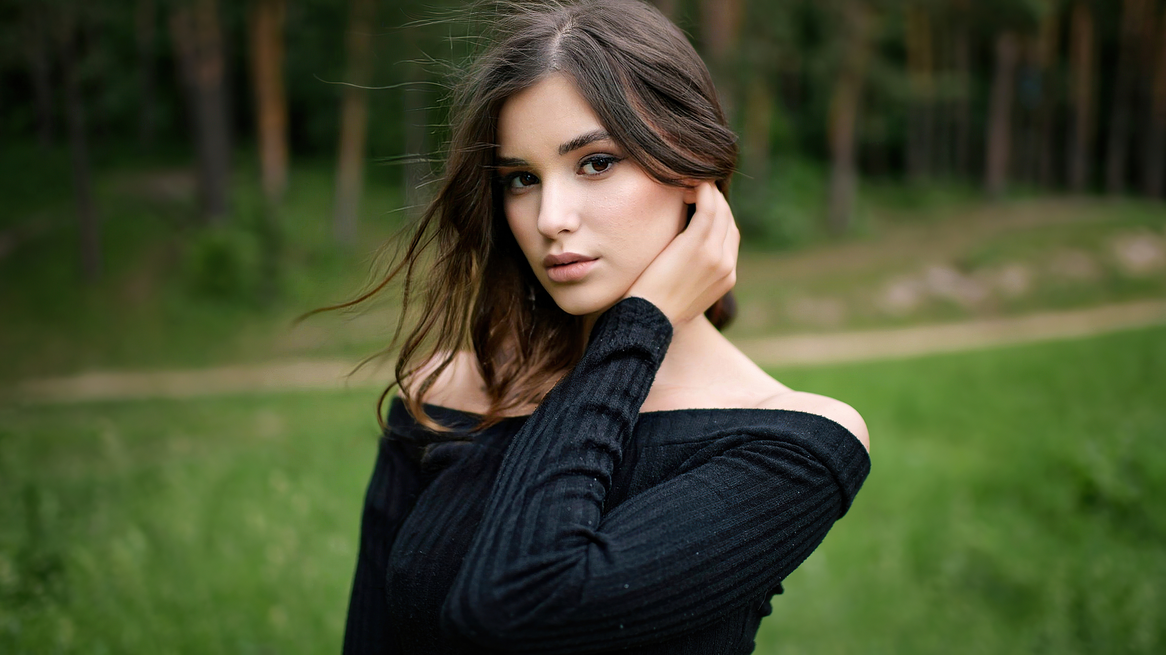 Model in black off-shoulder top in forest HD Wallpaper
