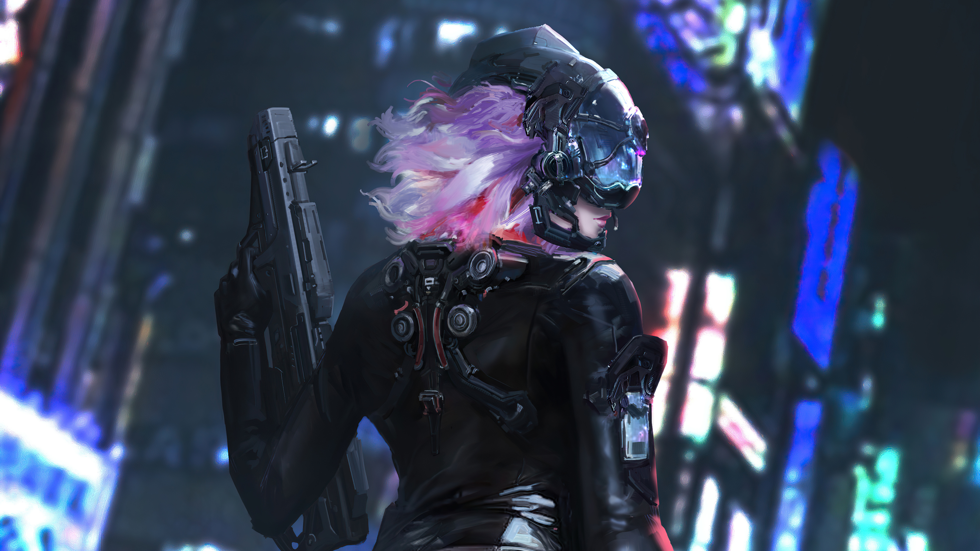 Cyberpunk character with pink hair and gun HD Wallpaper