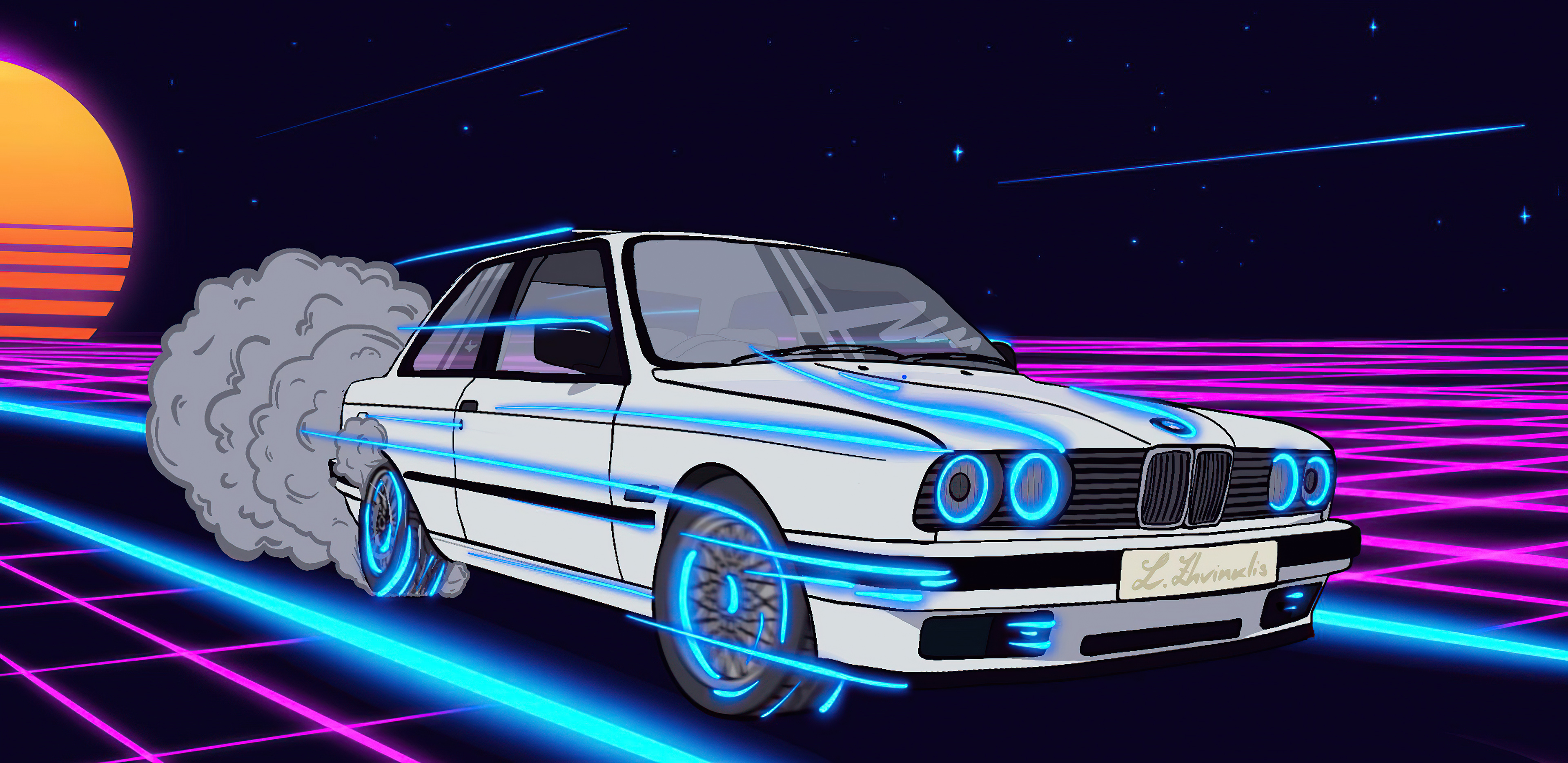 White BMW E30 drifting in a retrowave landscape HD Wallpaper