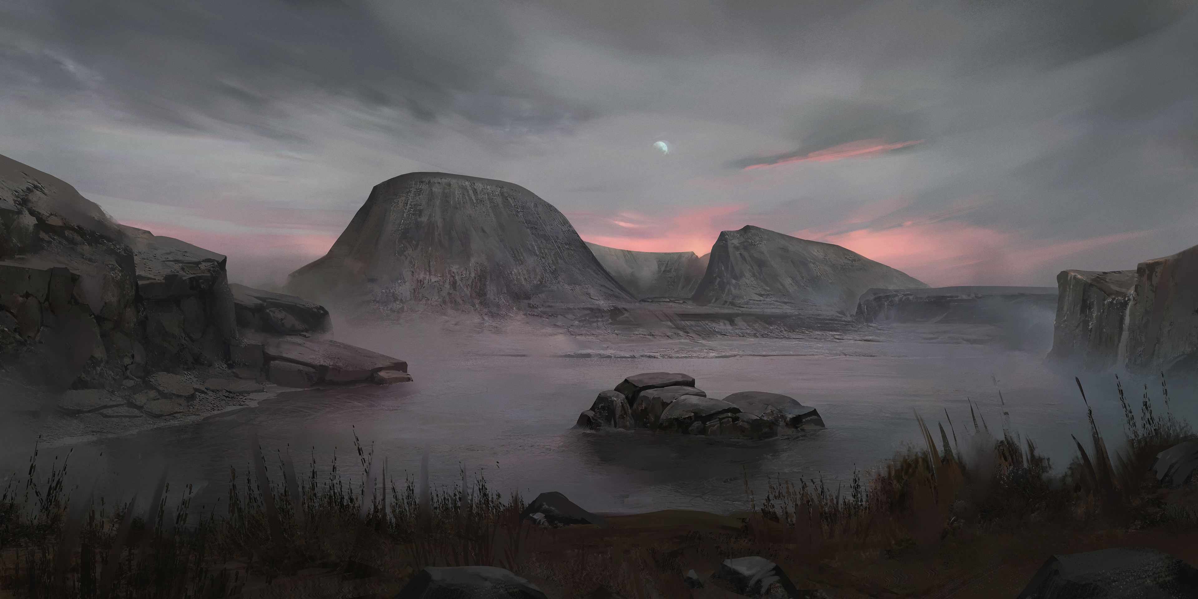 Digital Art Landscape with Mountains and Water HD Wallpaper