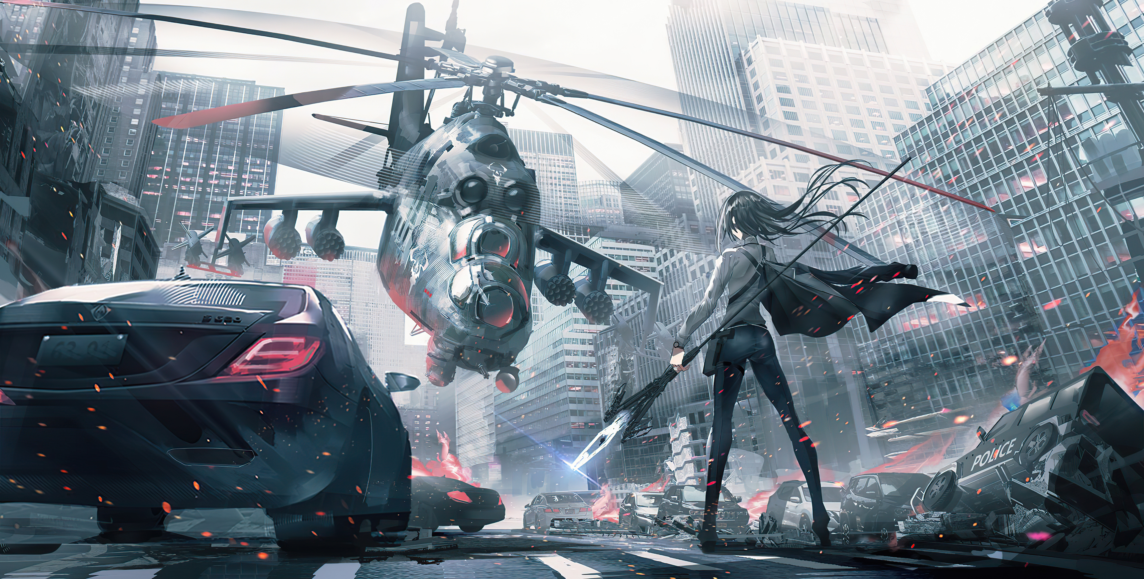 Anime girl with scythe in a destroyed city with helicopter HD Wallpaper