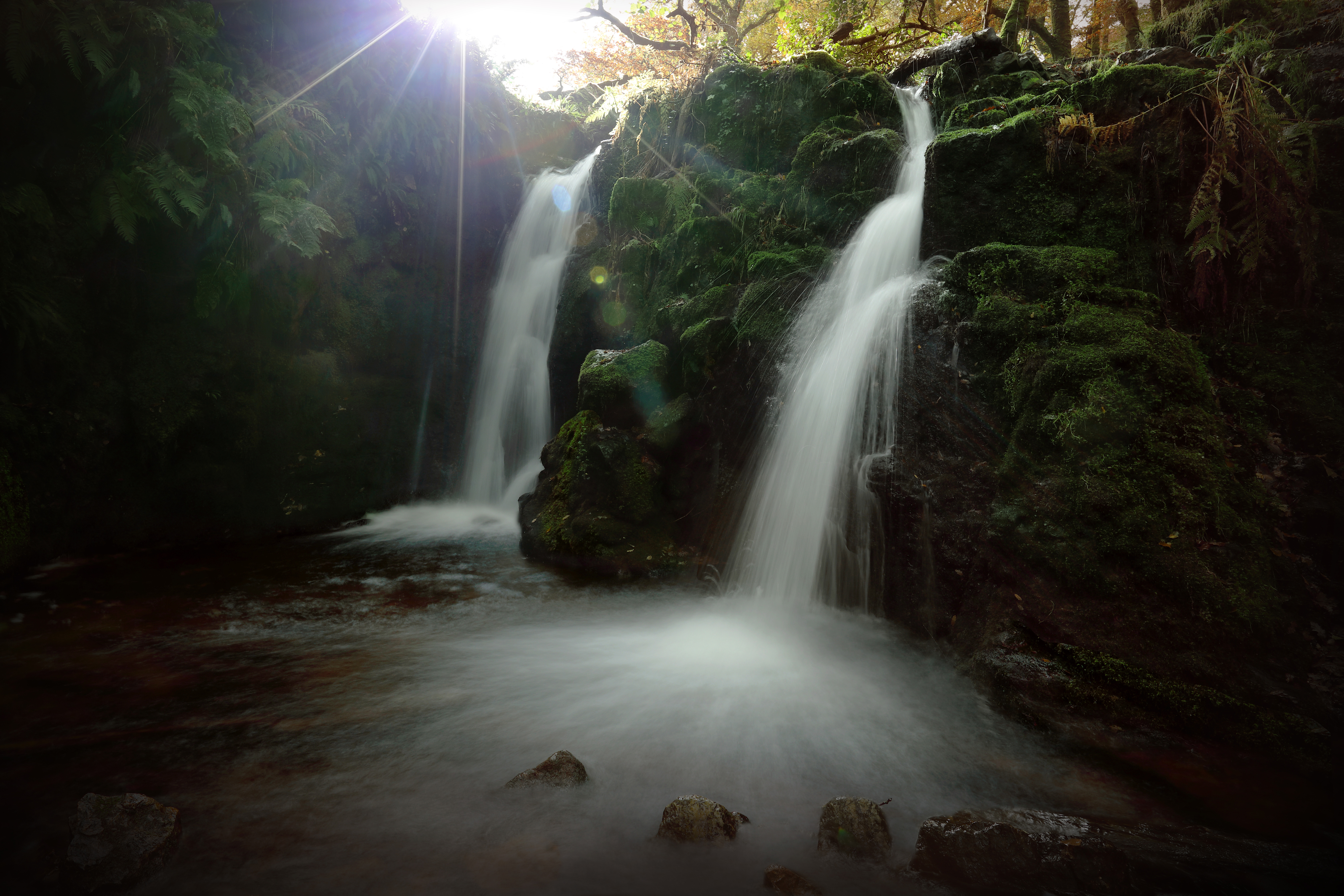 Waterfall in a mossy forest with sun rays HD Wallpaper