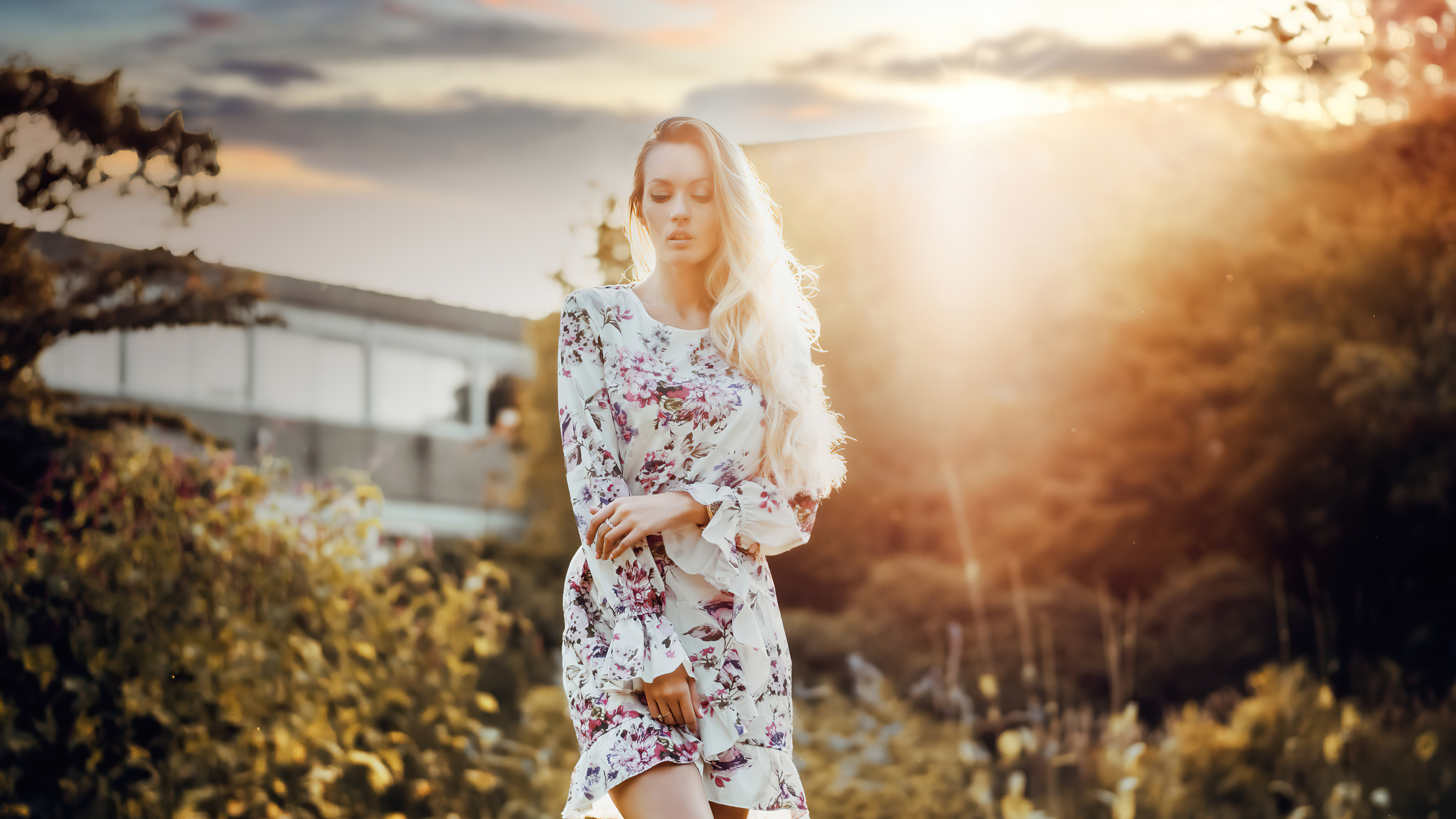 Woman in floral dress in golden hour light HD Wallpaper