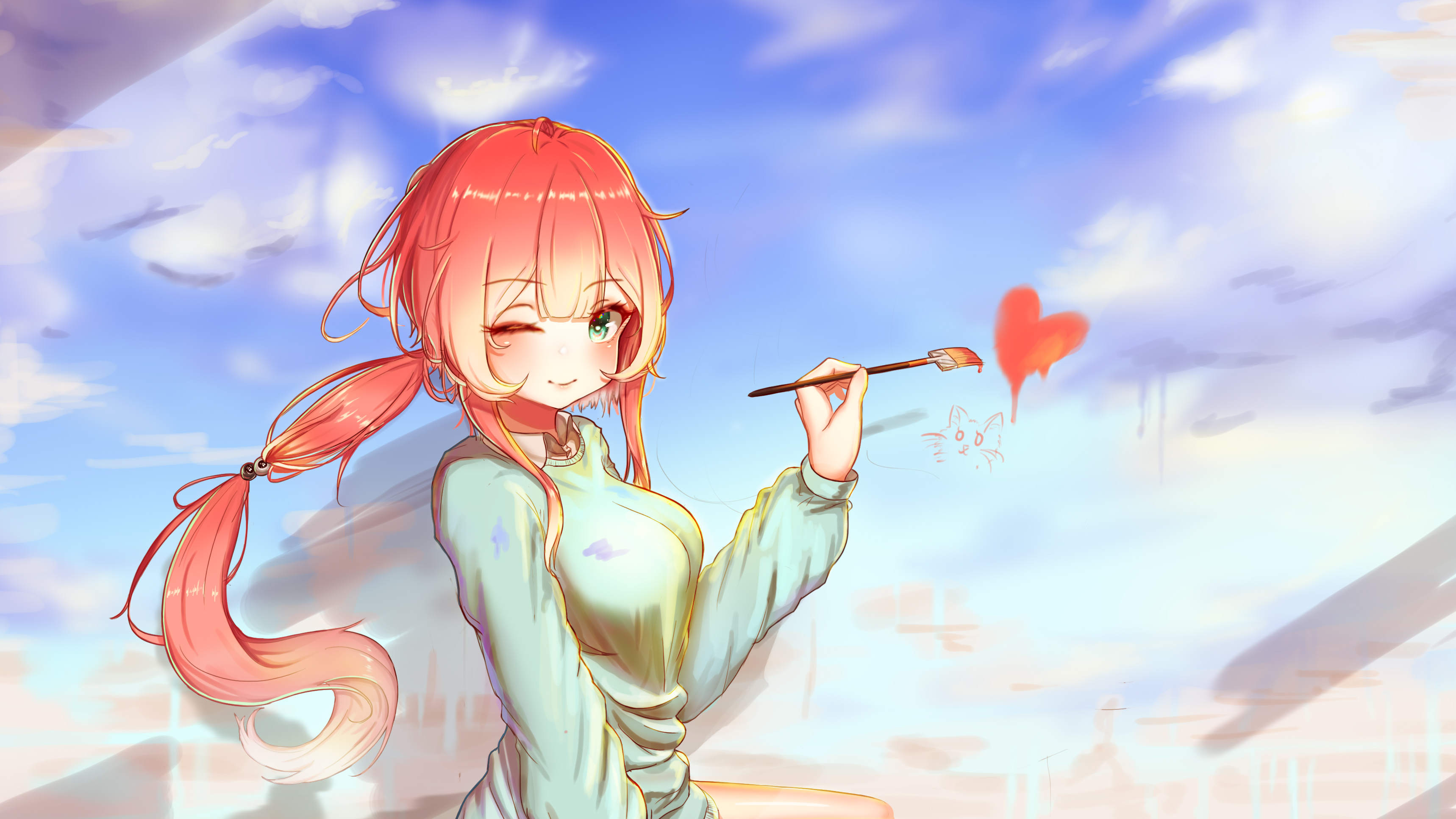 Anime girl painting a heart and cat in the sky HD Wallpaper