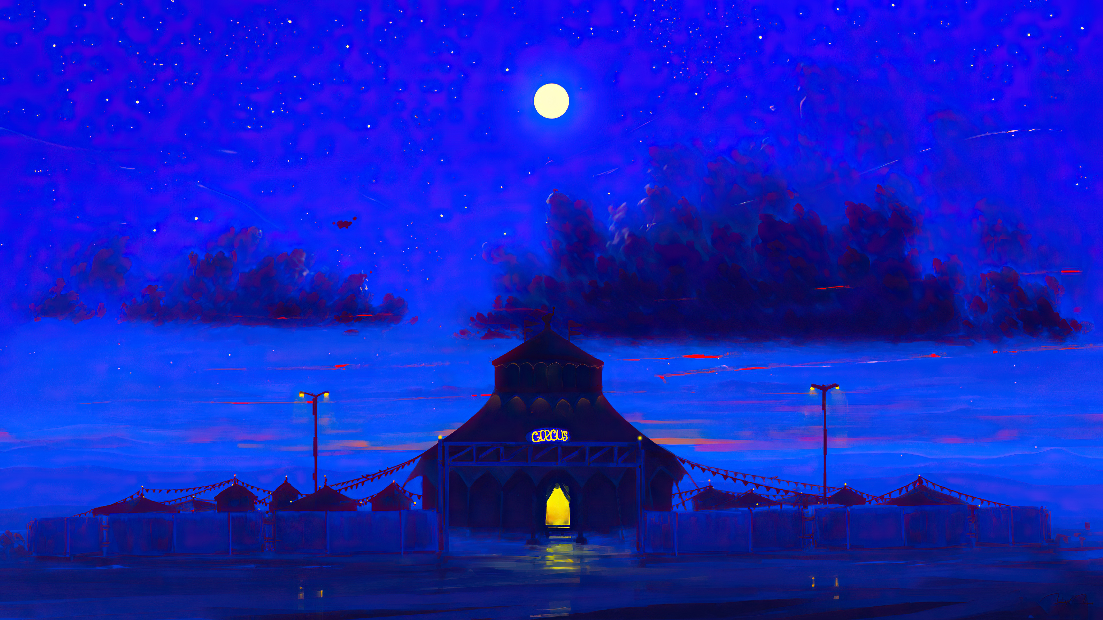 Circus tent at night under a full moon HD Wallpaper