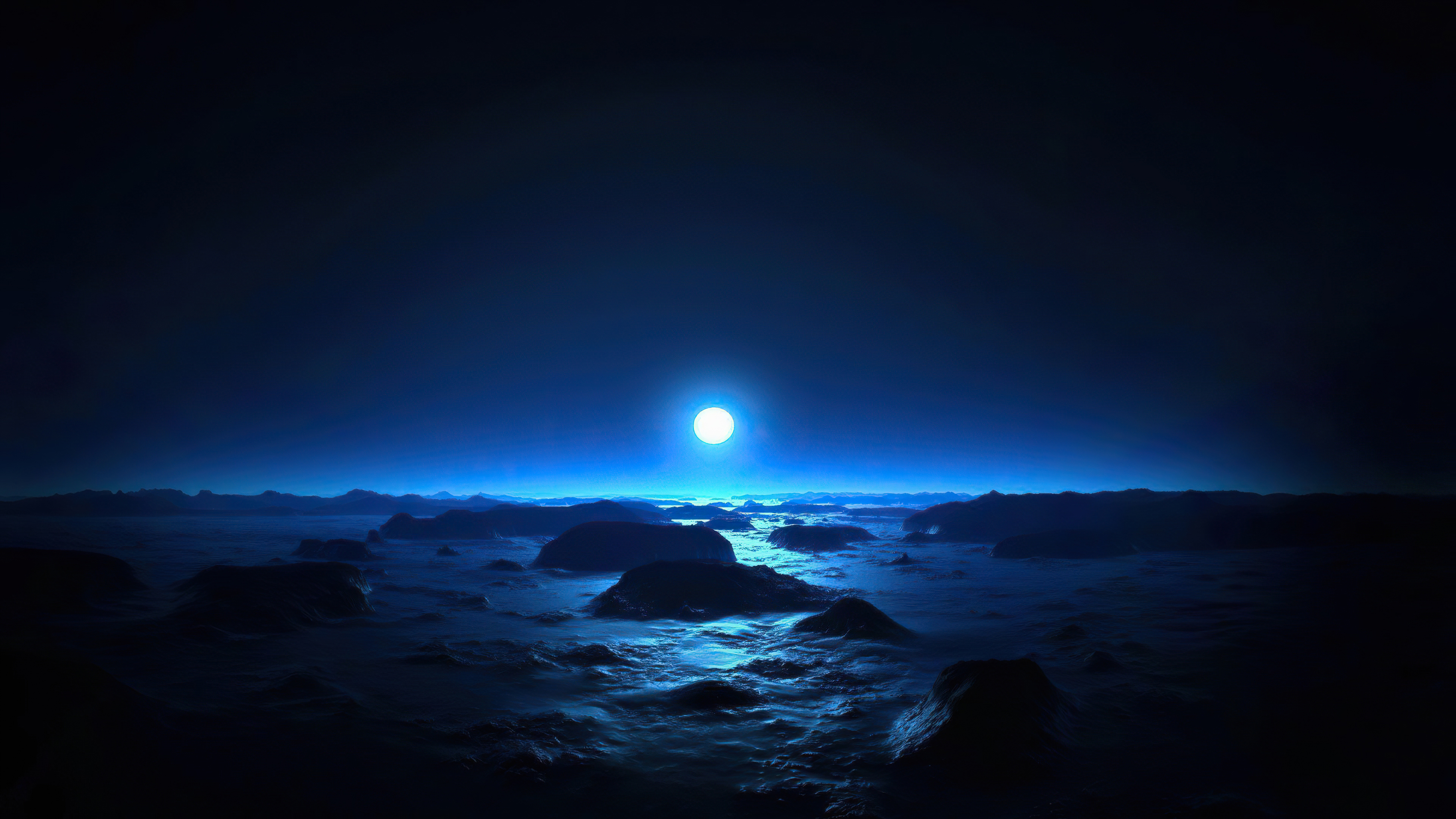 Digital art of a moonlit alien landscape HD Wallpaper