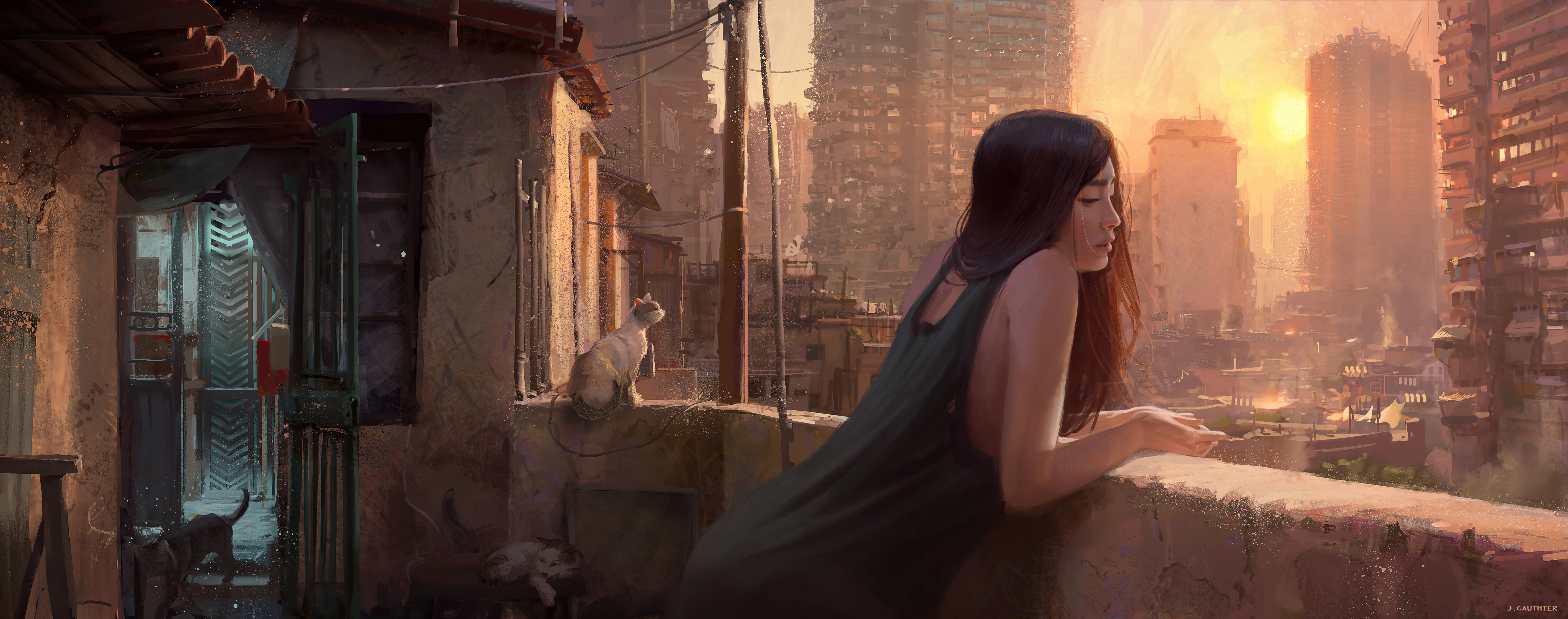 Woman on balcony overlooking futuristic city at sunset HD Wallpaper