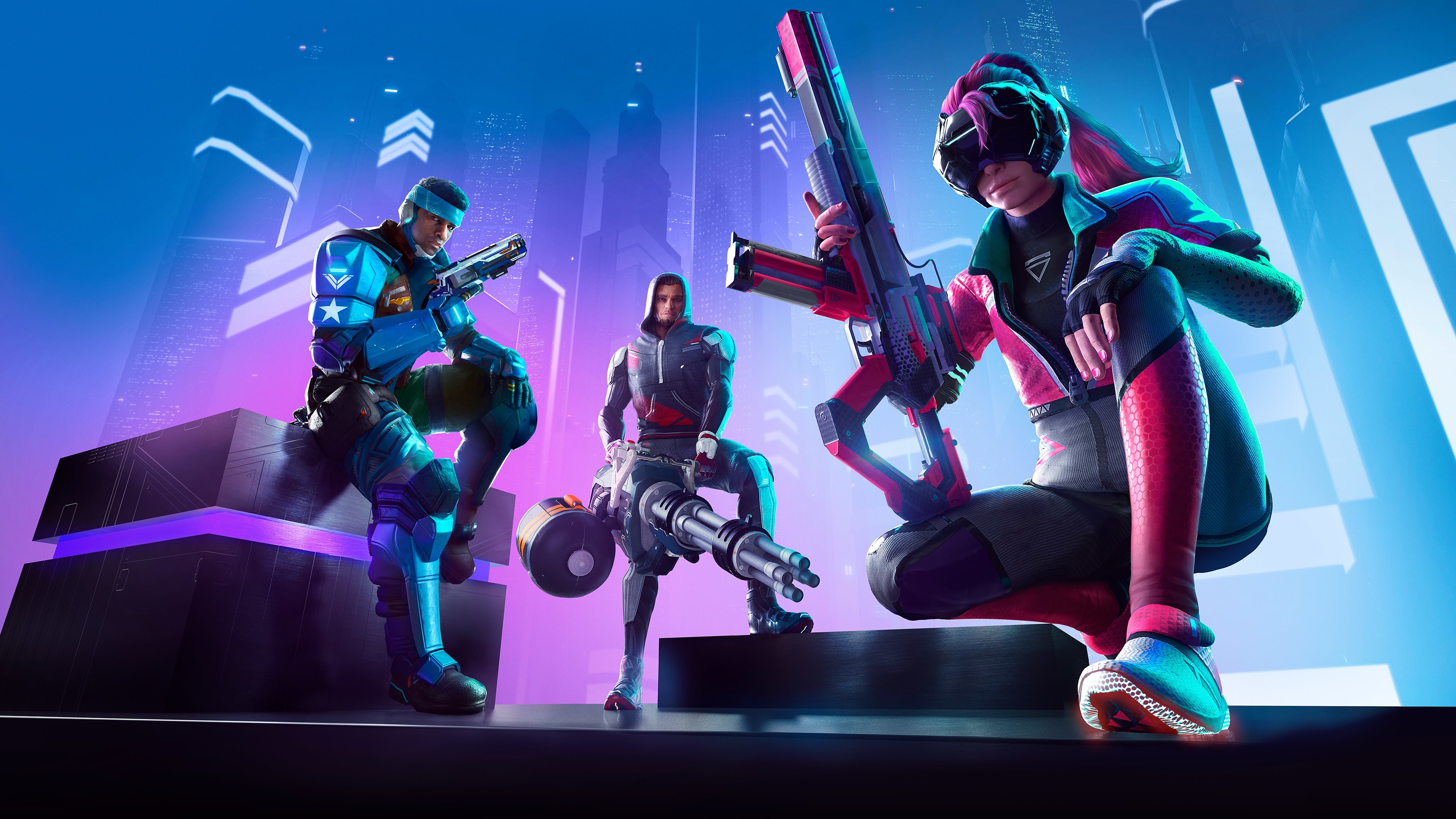 Characters from Hyper Scape with futuristic weapons HD Wallpaper