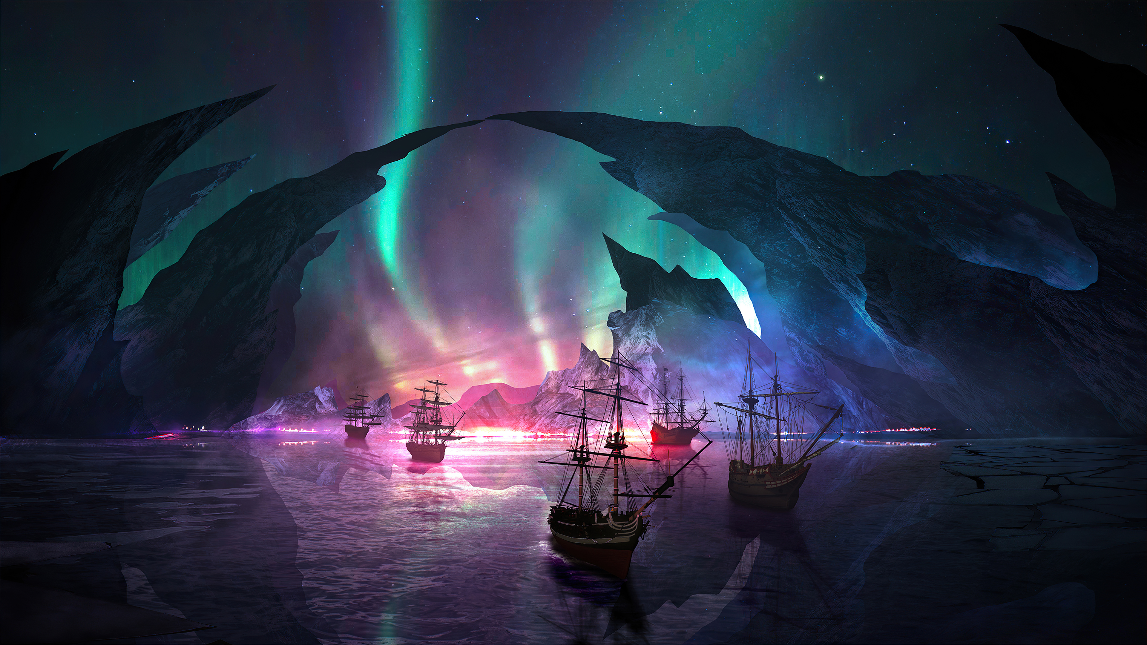 Sailing ships under the Aurora Borealis HD Wallpaper