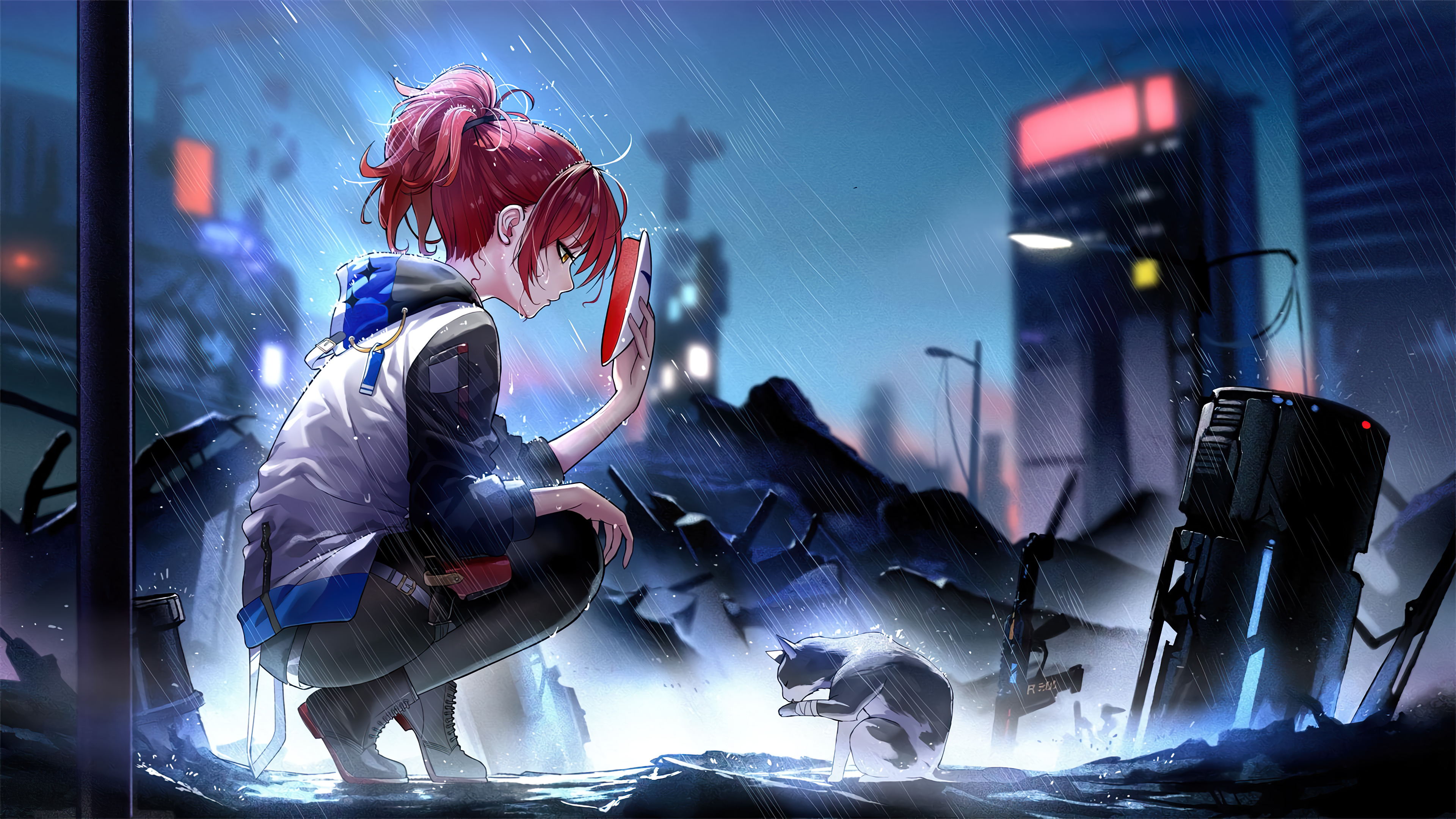Anime girl with mask and cat in rainy city HD Wallpaper