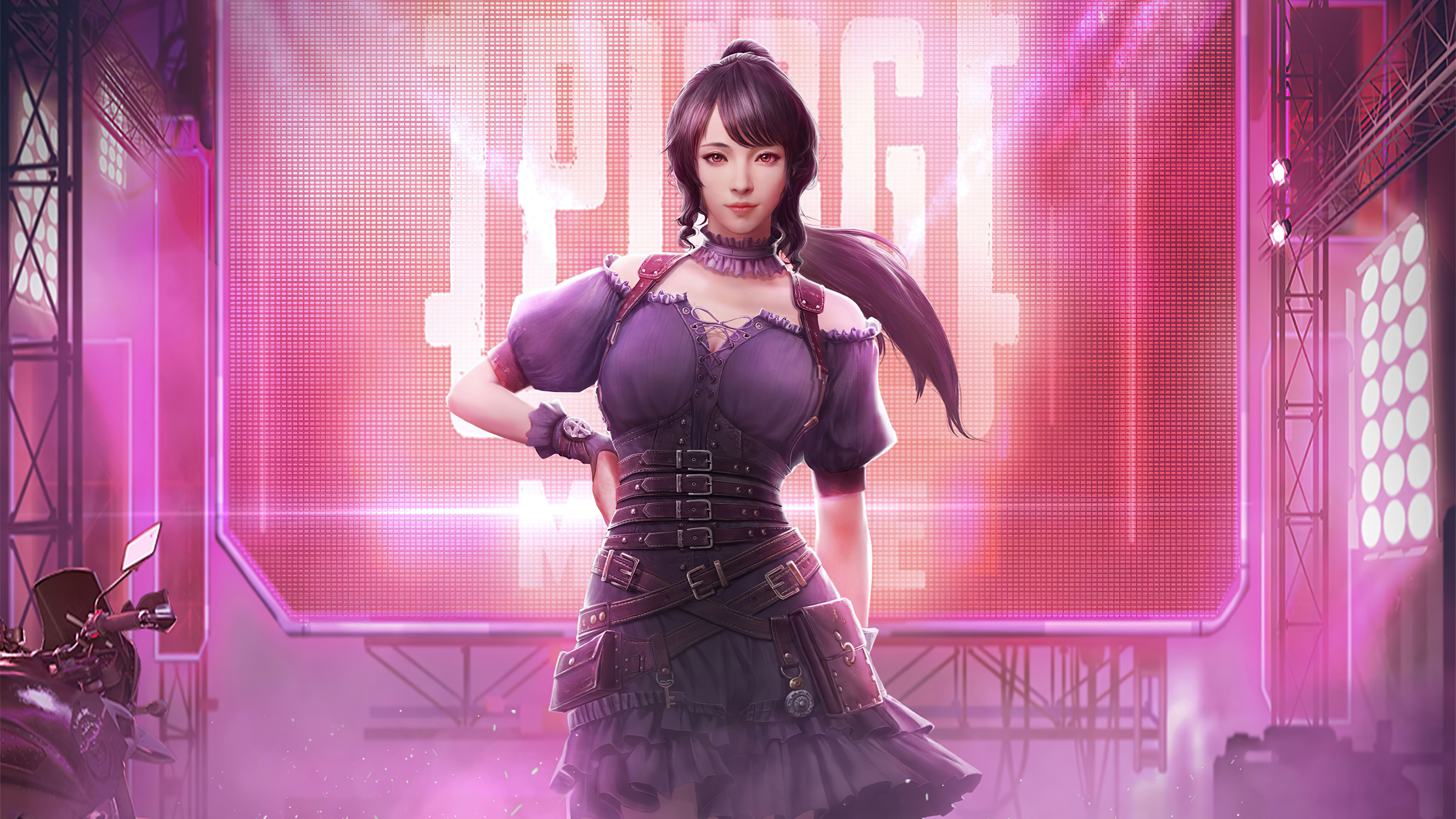 Woman from PUBG in purple outfit on stage HD Wallpaper