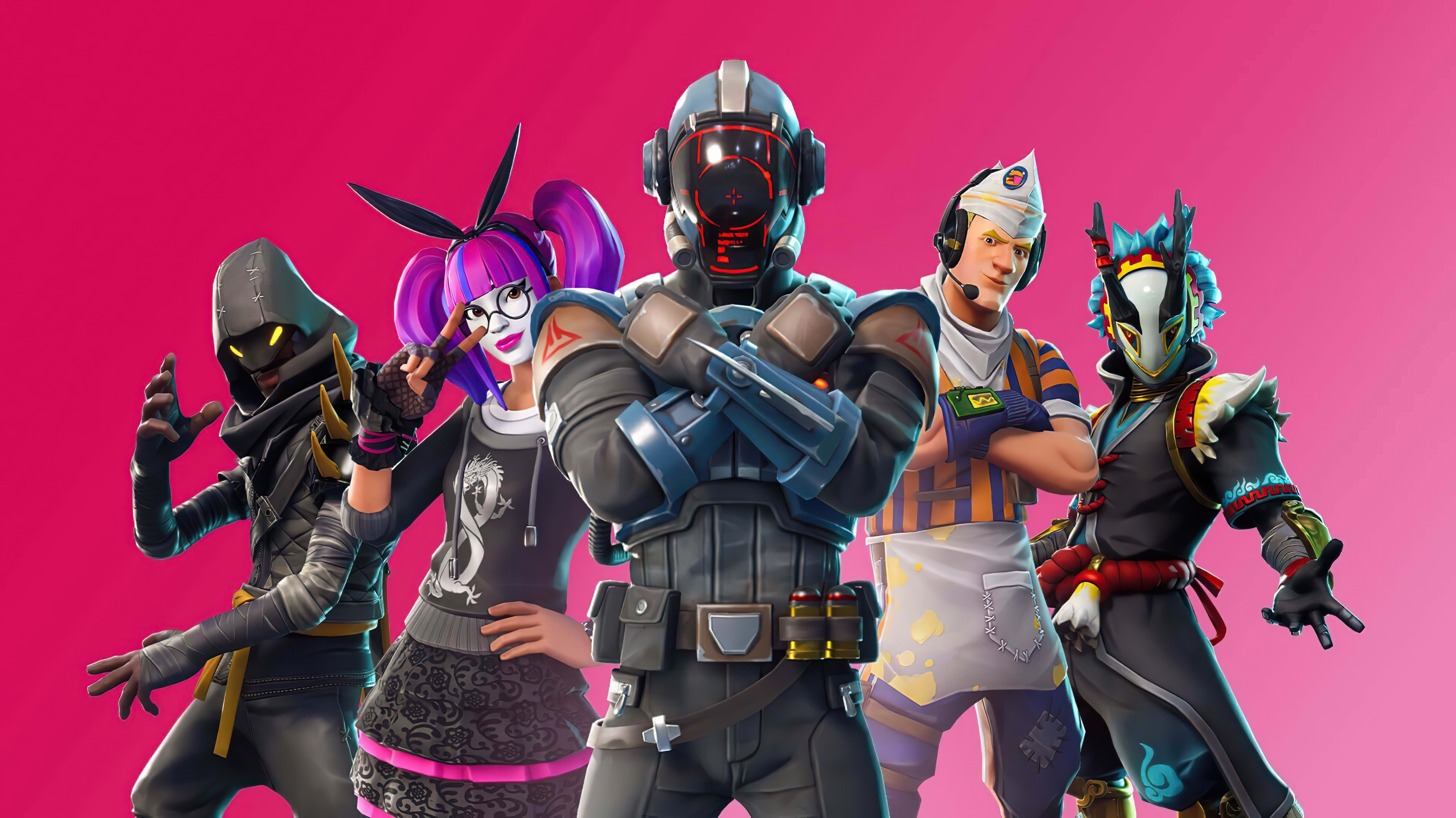Fortnite characters in front of a pink background HD Wallpaper