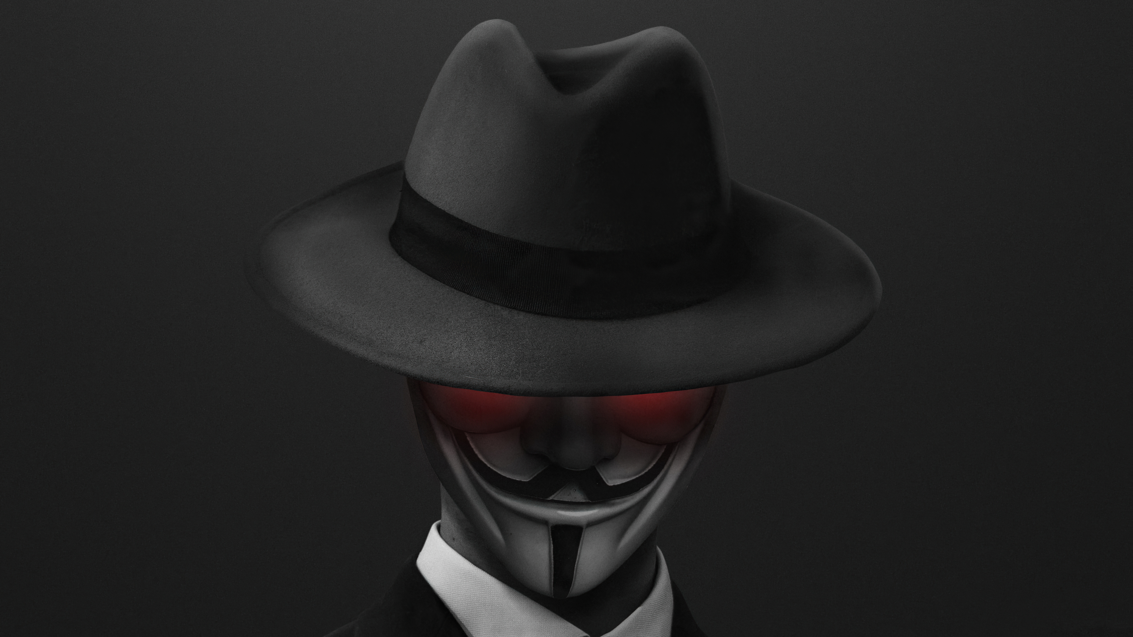 Anonymous figure in a hat with red eyes HD Wallpaper