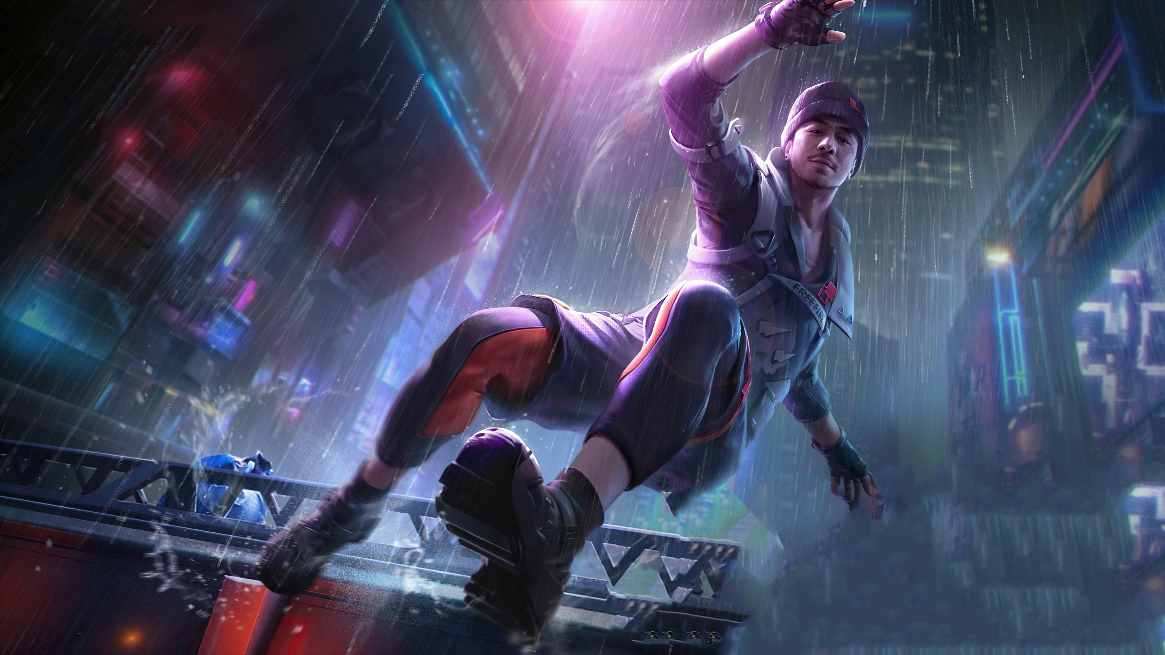 Man parkouring in a rainy neon city HD Wallpaper