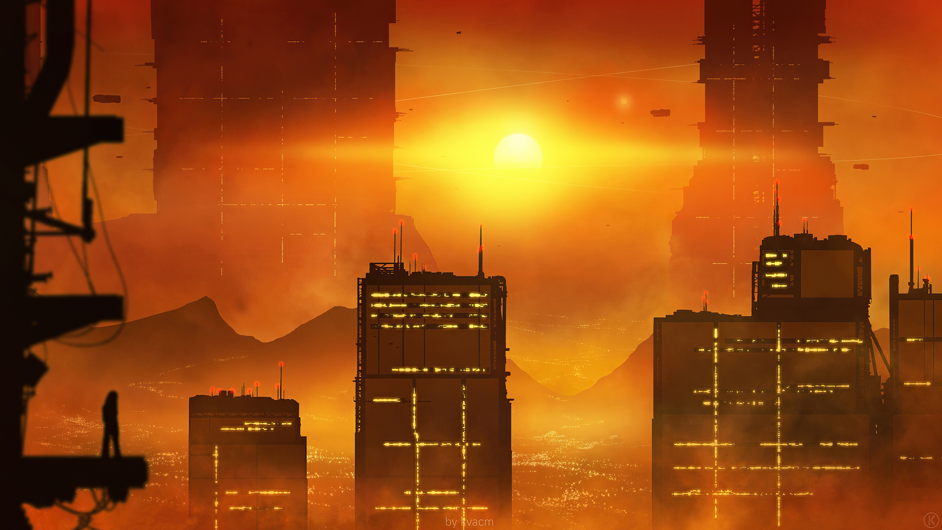 Sci-fi cityscape at sunset with a lone figure HD Wallpaper