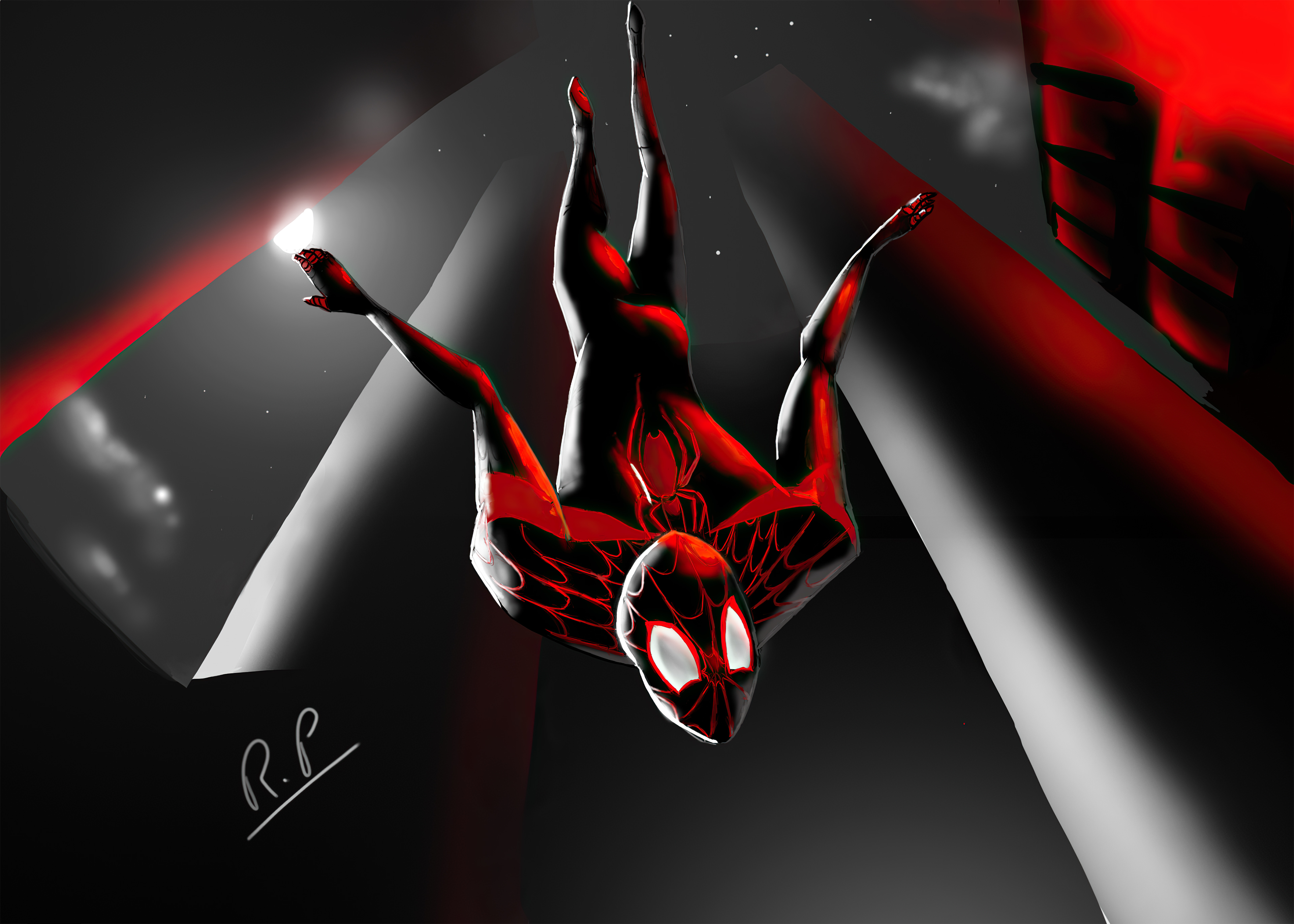 Spider-Man Miles Morales falling in a city HD Wallpaper