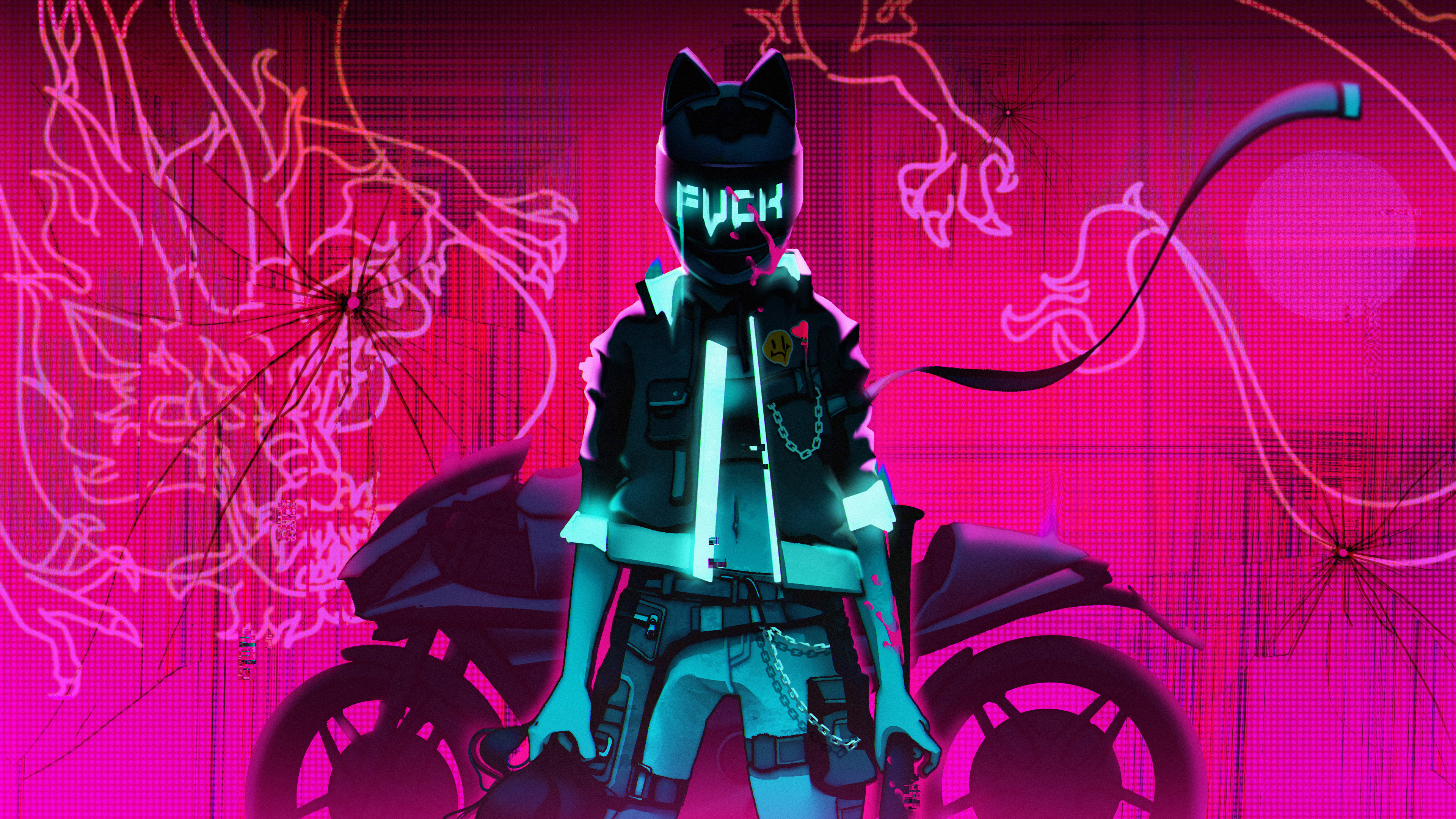 Cyberpunk character with mask and motorcycle HD Wallpaper