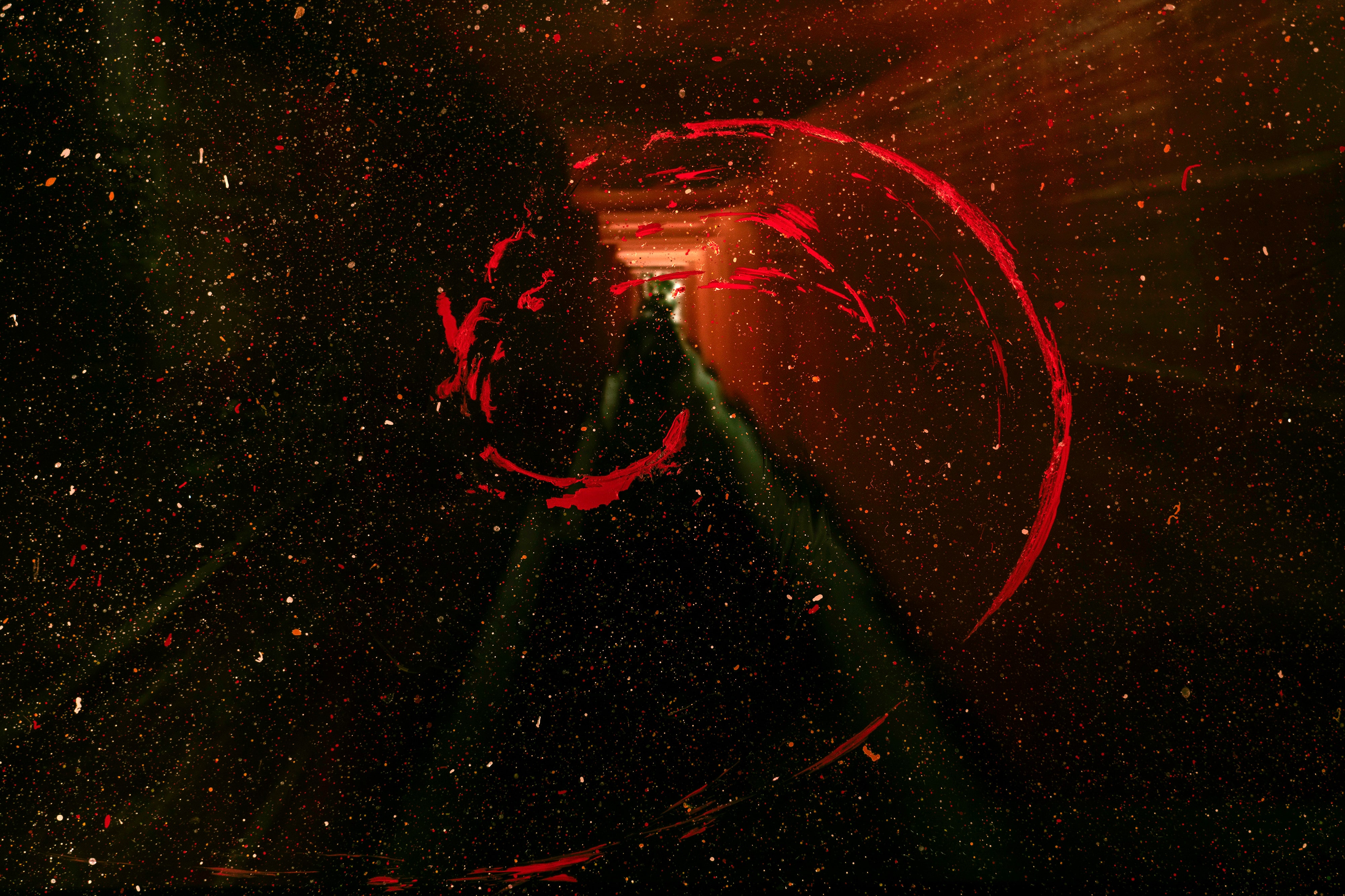 Abstract red paint splash in dark space HD Wallpaper