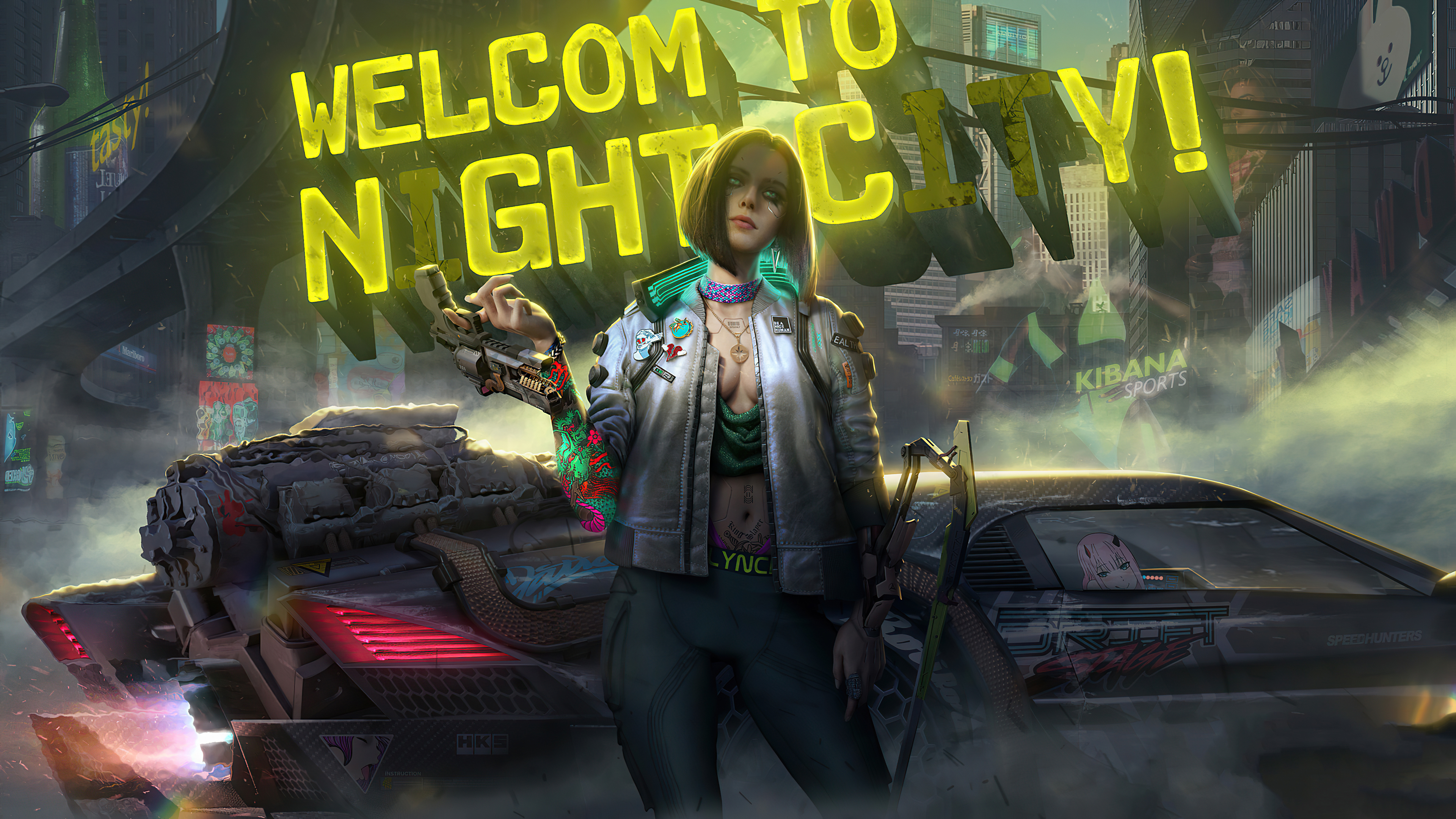 Woman with gun in Night City from Cyberpunk 2077 HD Wallpaper
