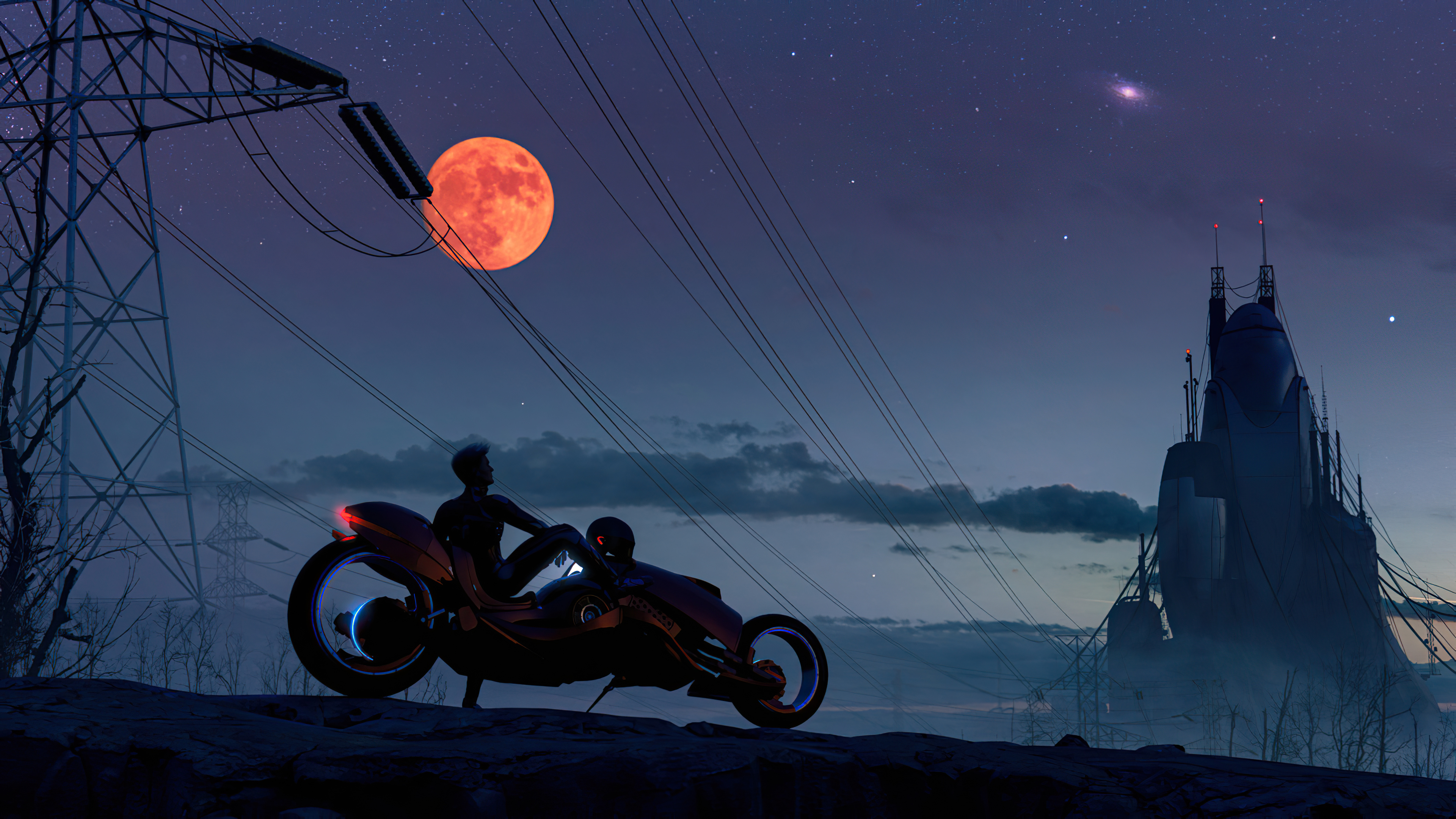 Cyberpunk biker on a motorcycle under a large orange moon HD Wallpaper