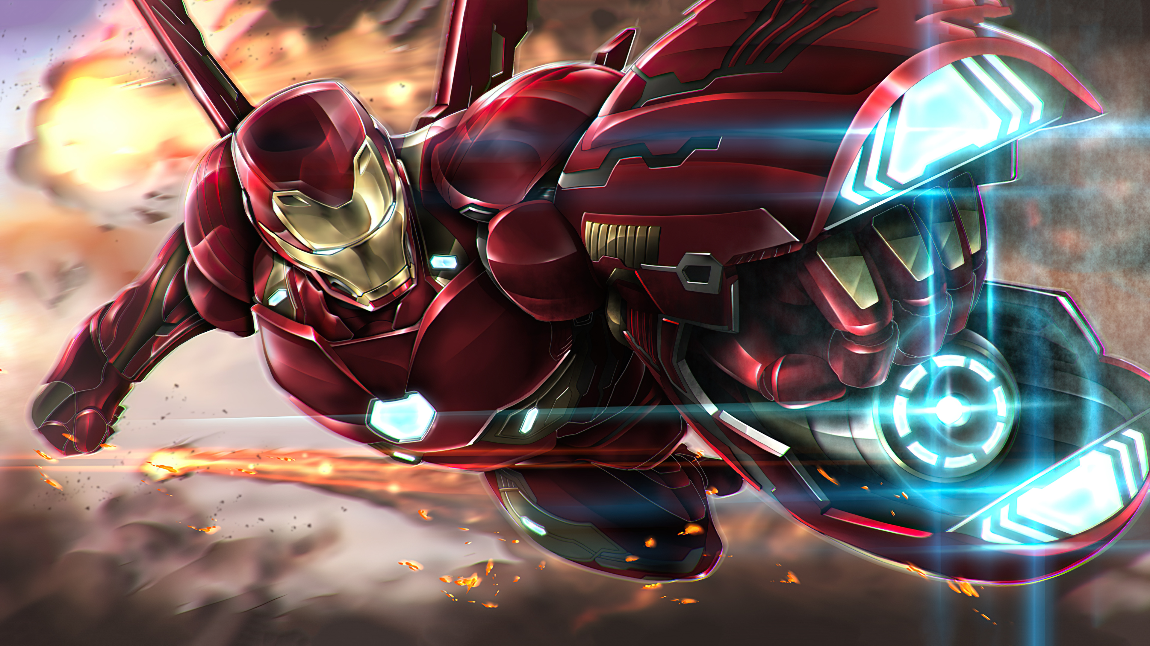 Iron Man in Armor Flying with Energy Blast 4K Artwork HD Wallpaper
