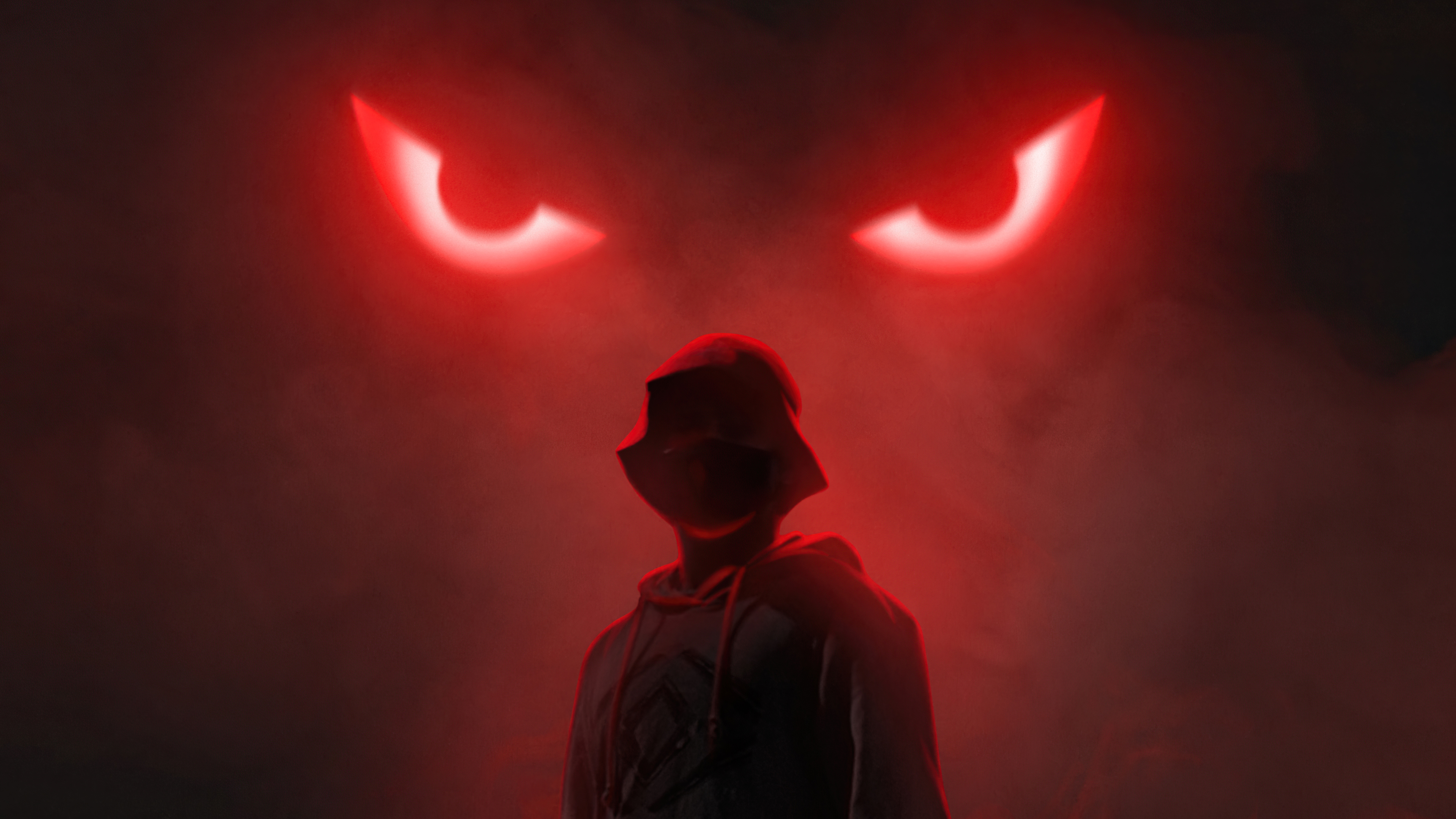 Digital art with red eyes and a person in a hood HD Wallpaper