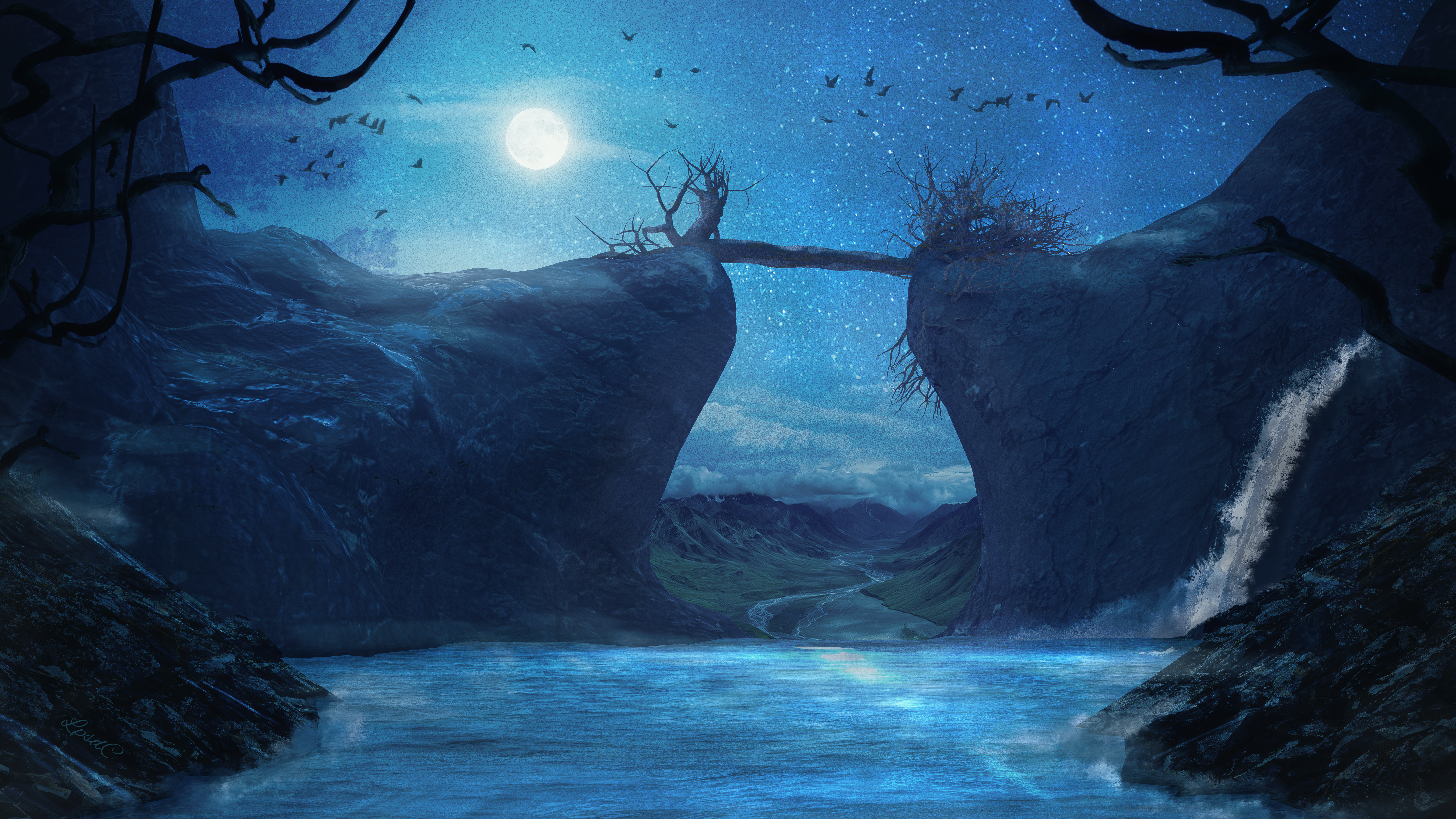 Night scenery with a bridge between cliffs HD Wallpaper