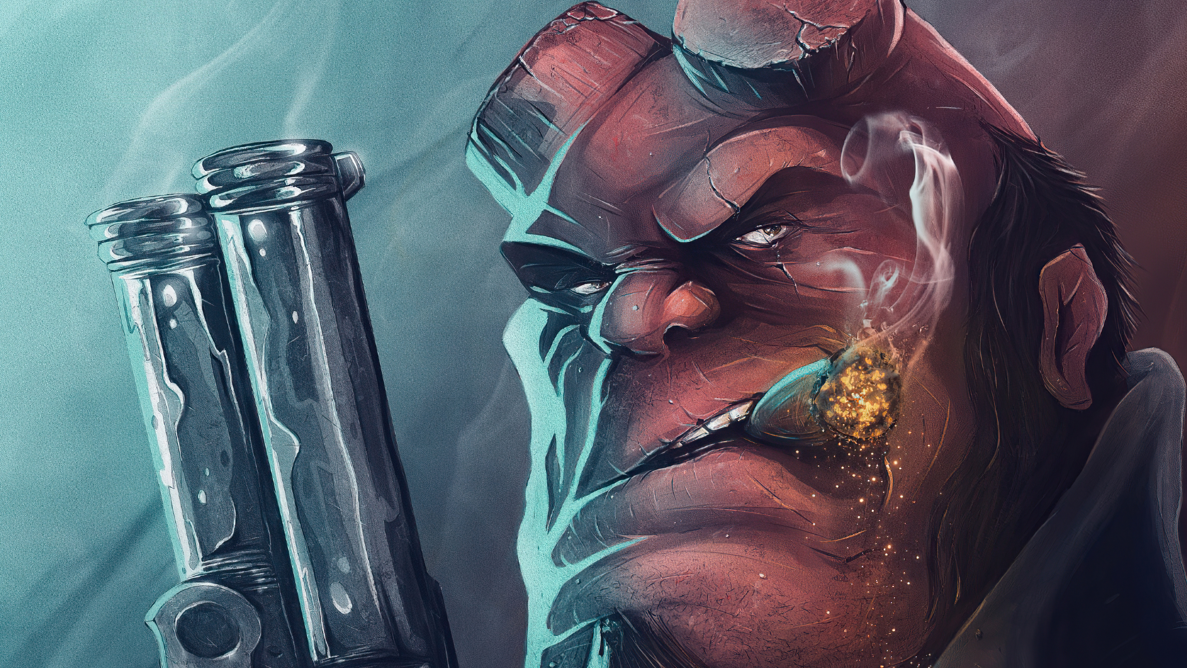 Hellboy with dual pistols and cigar HD Wallpaper