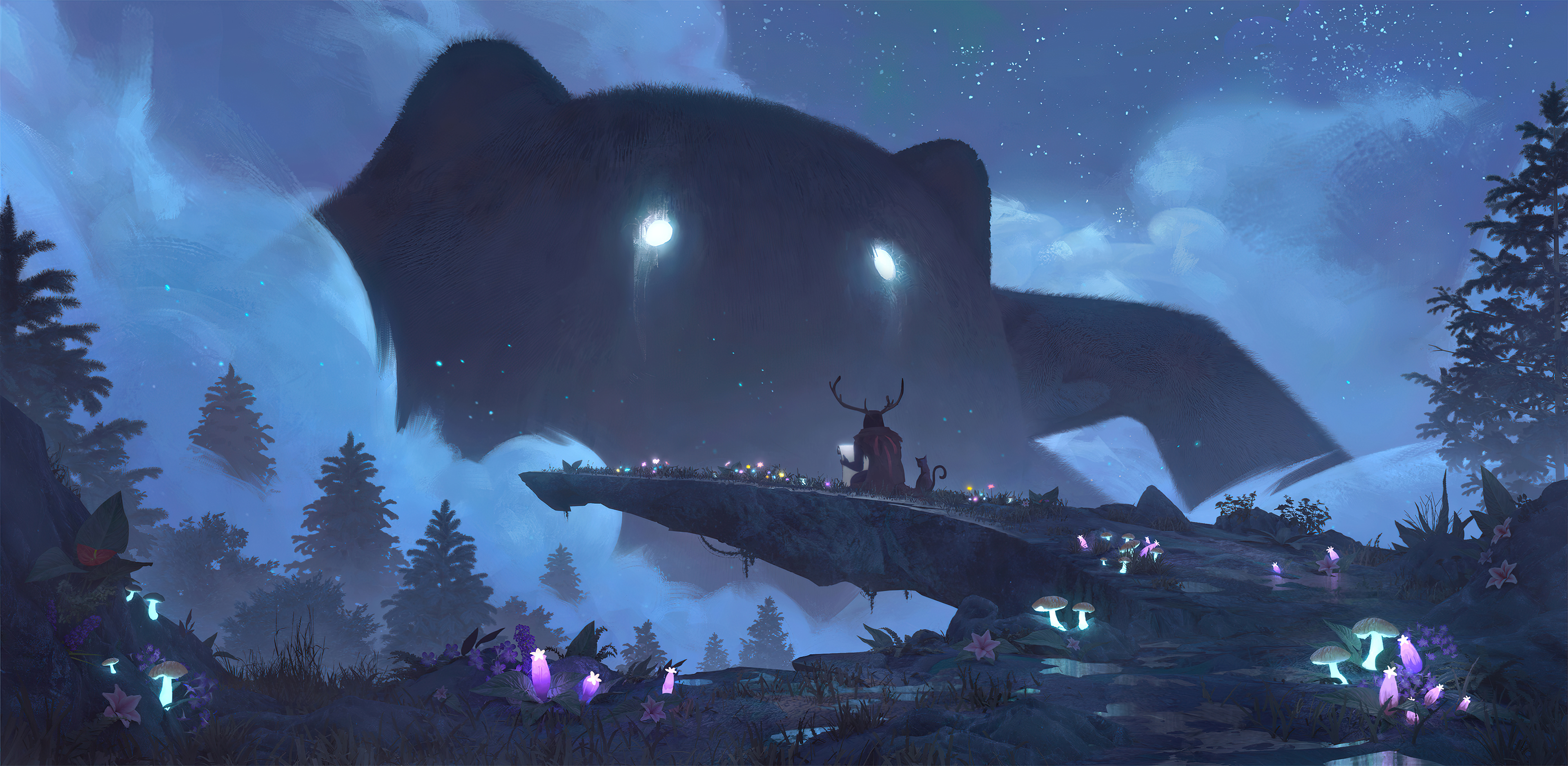 Giant creature with glowing eyes over a forest landscape HD Wallpaper