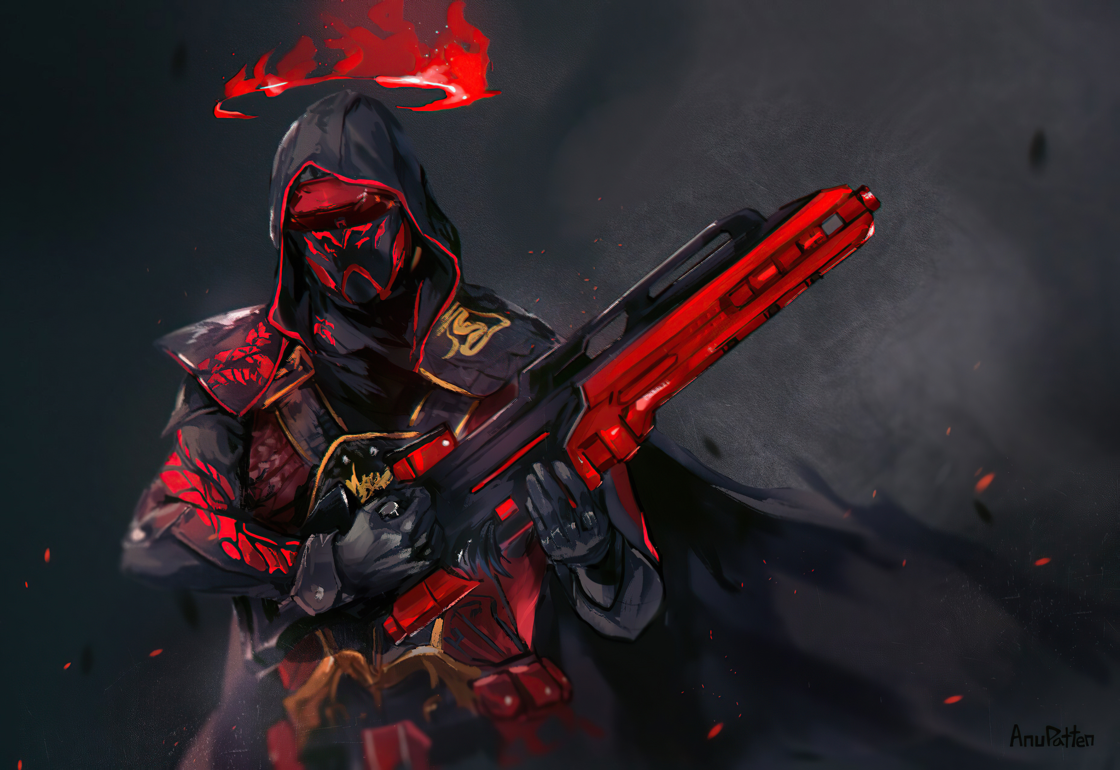 Cyberpunk character with red accents and a rifle HD Wallpaper