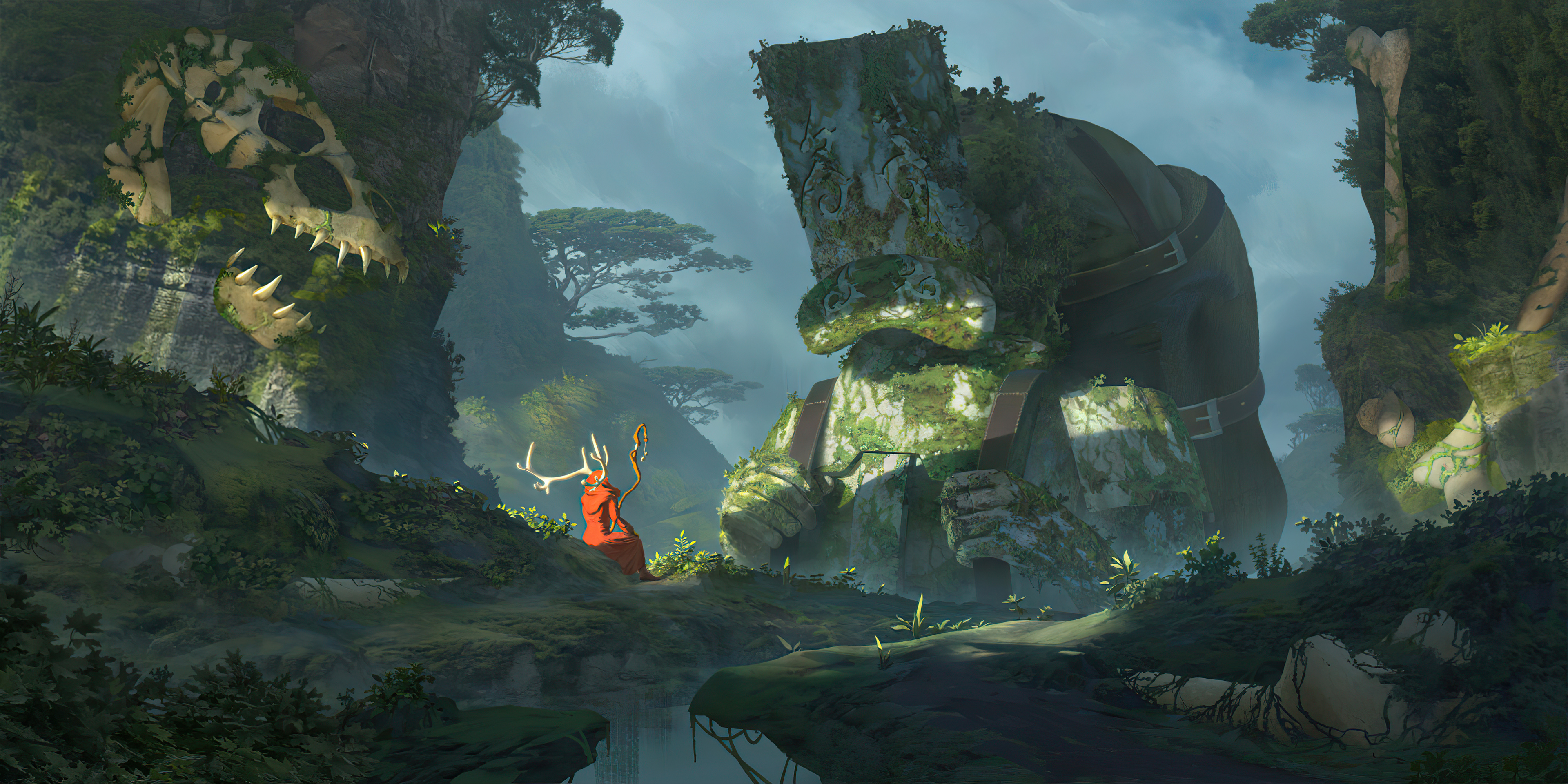 Giant Stone Figures and Skull in Misty Forest HD Wallpaper