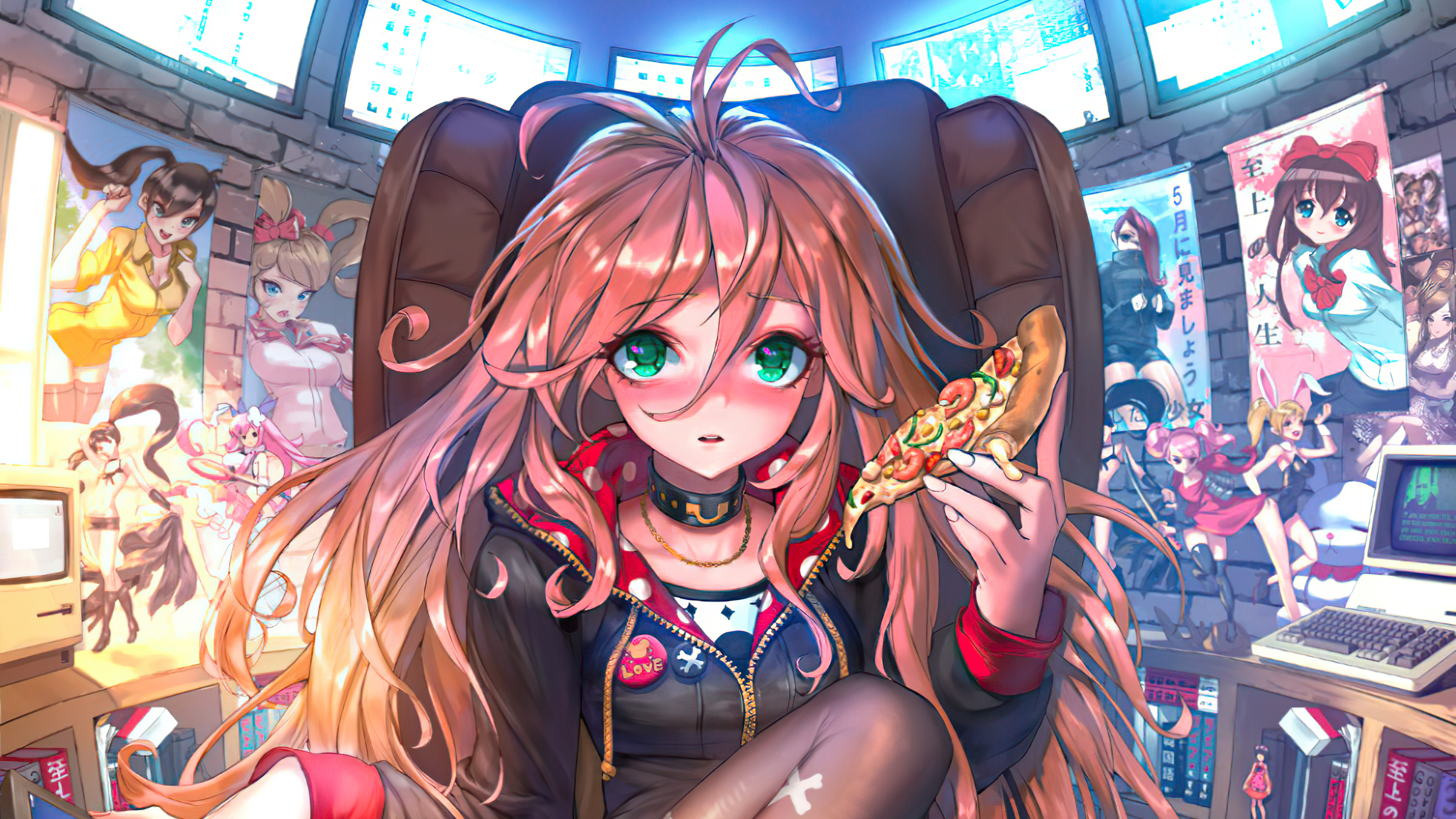 Anime girl eating pizza in a room with monitors HD Wallpaper