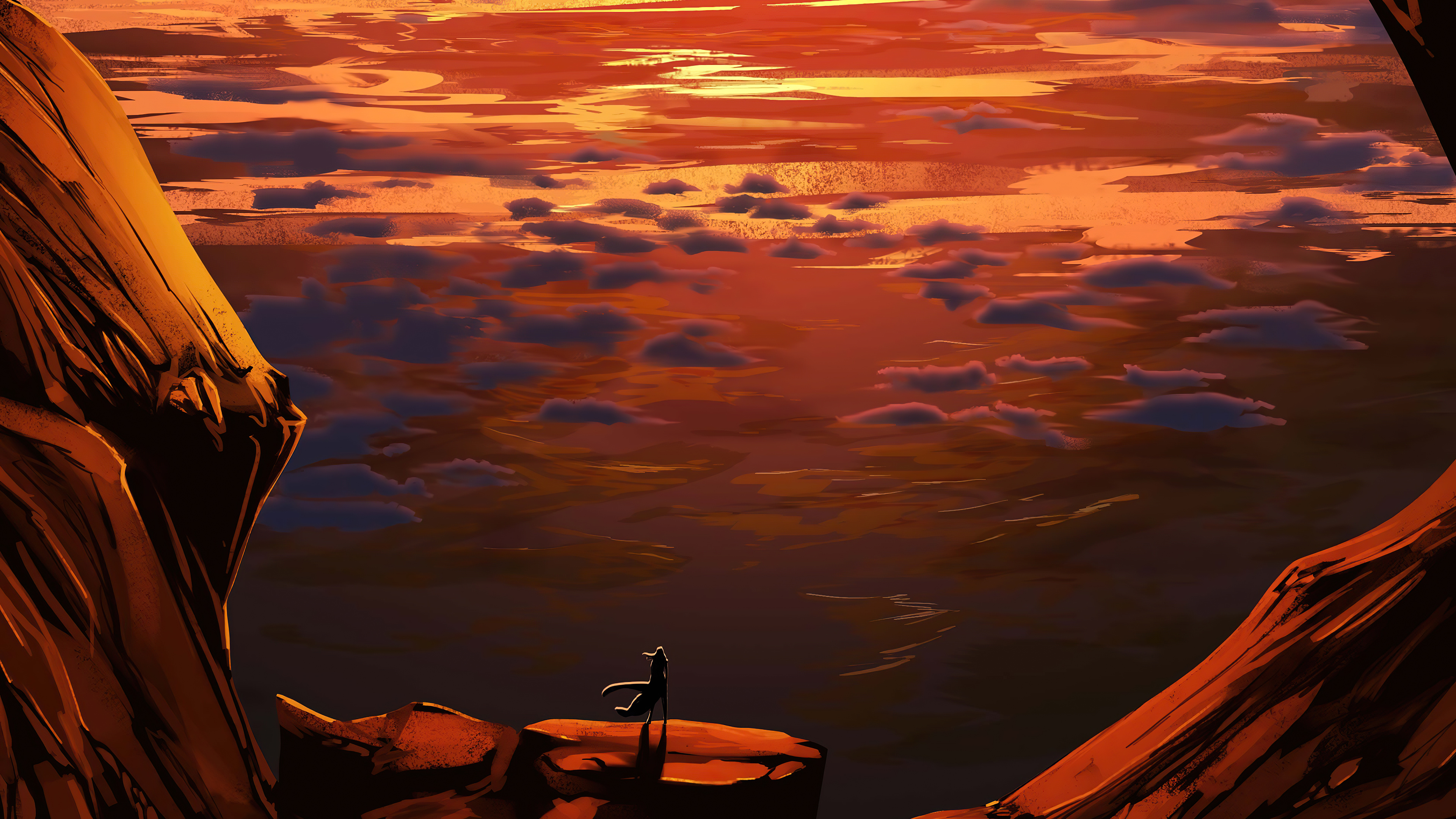 Figure on cliff overlooking sunset clouds HD Wallpaper