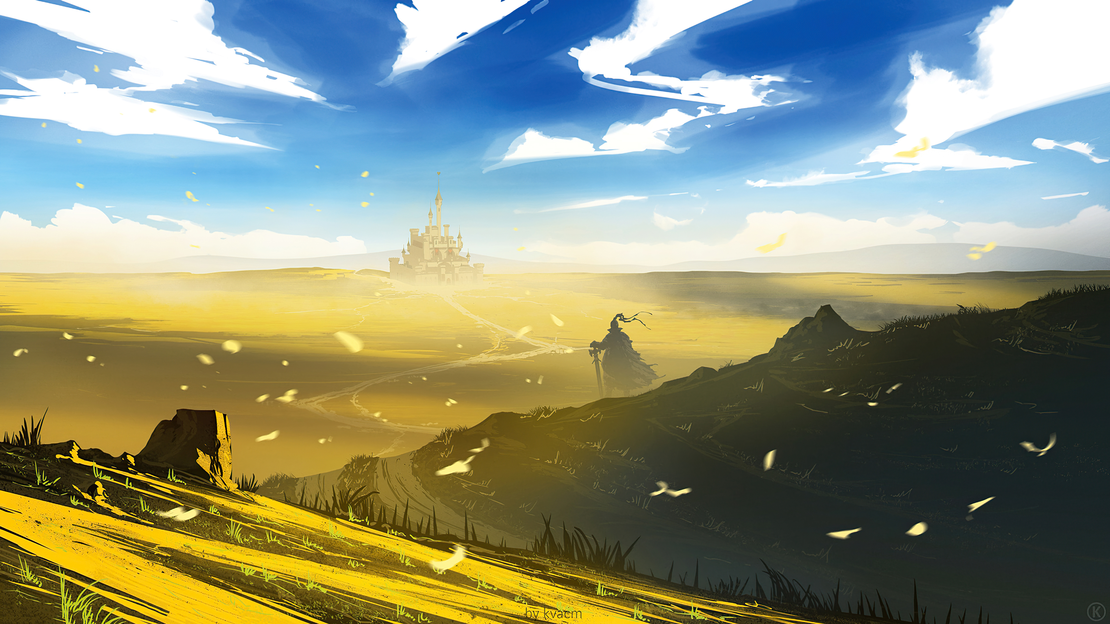 Fantasy castle in a golden field with a lone figure HD Wallpaper