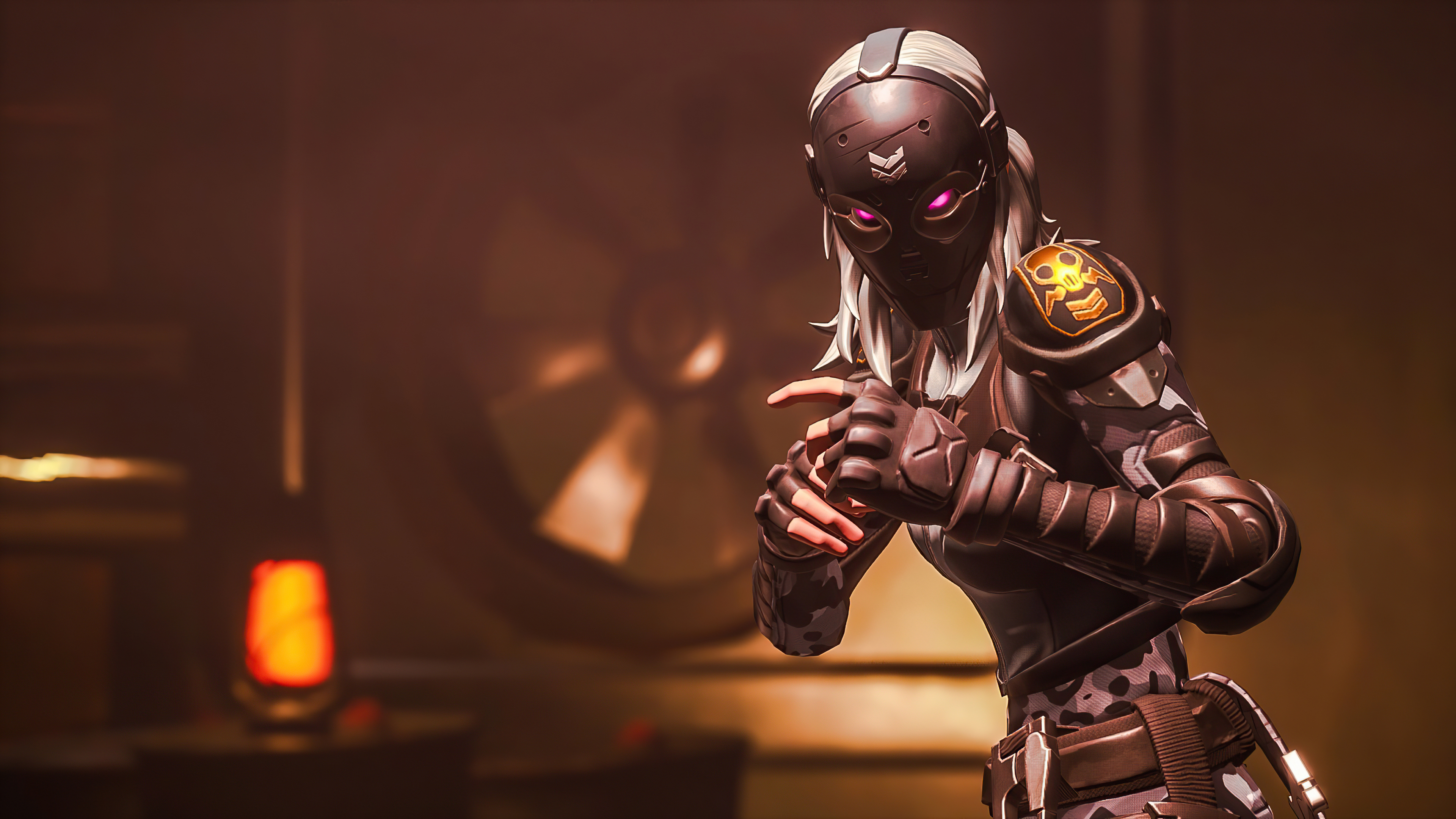 Fortnite character with skull emblem on shoulder HD Wallpaper