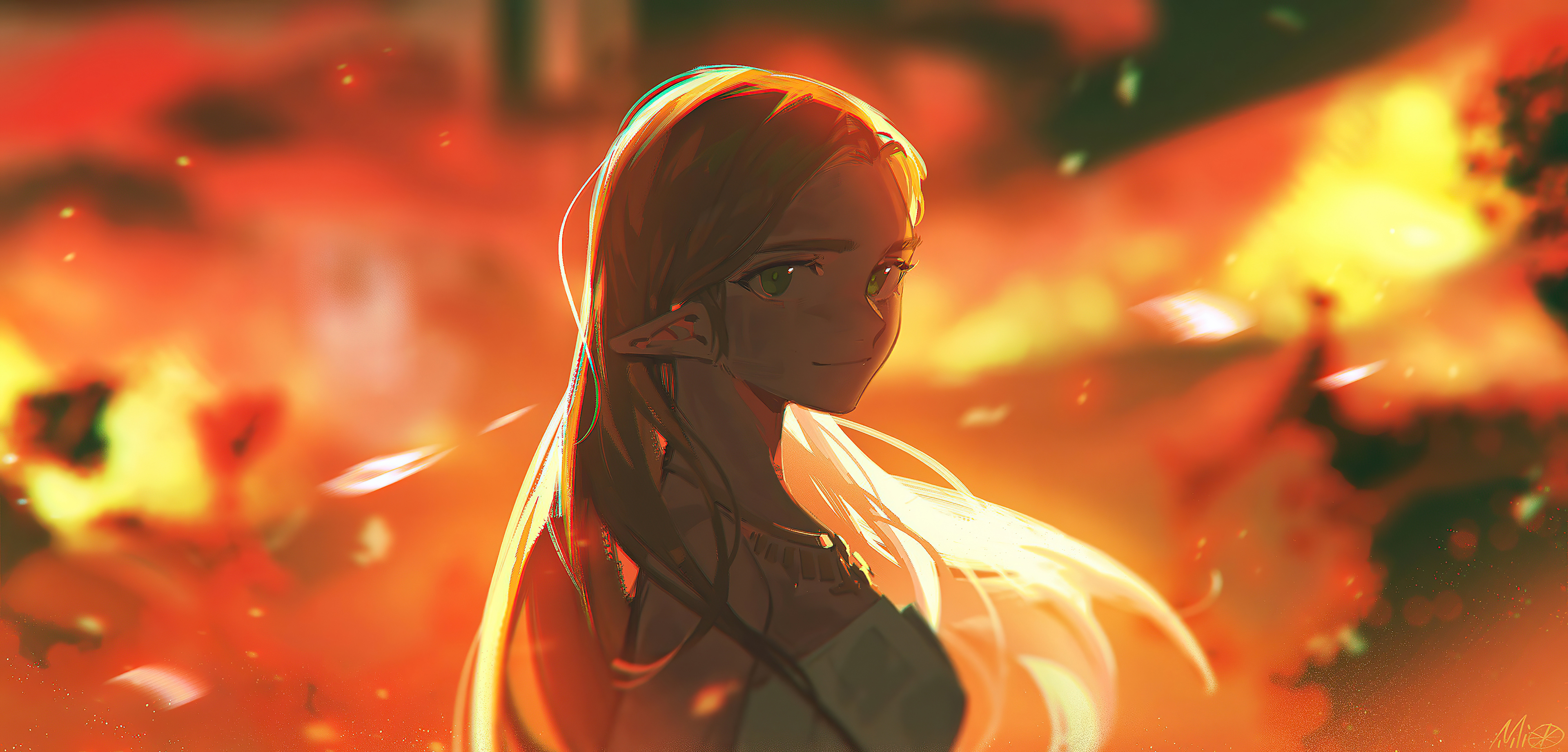 Elf girl in a fiery background HD Wallpaper
