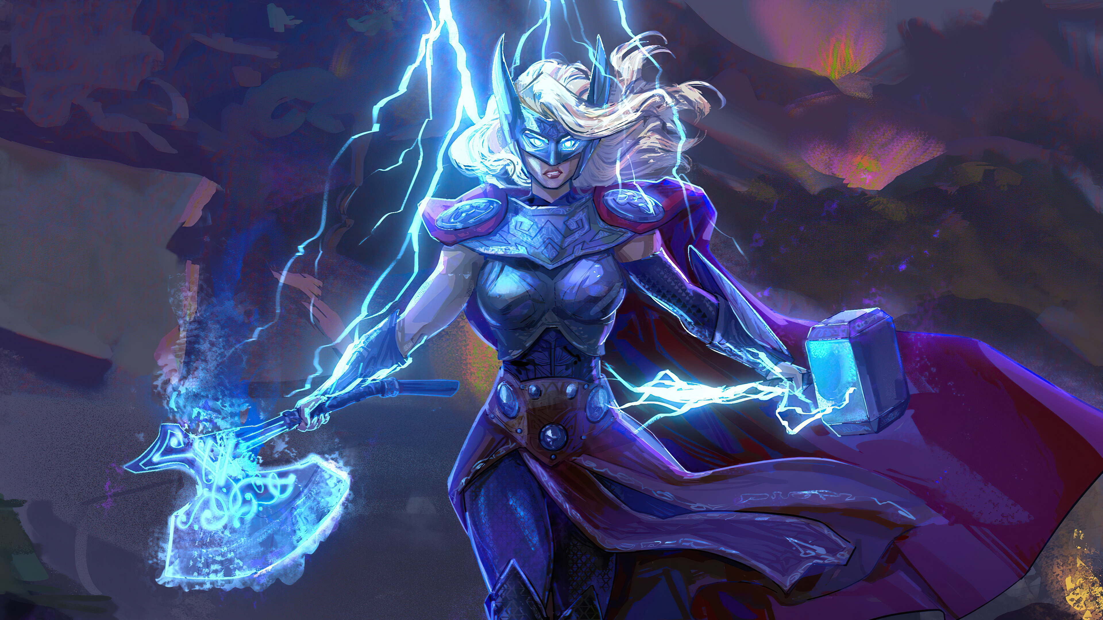 Thor from Thor Love and Thunder with Mjolnir and Stormbreaker HD Wallpaper