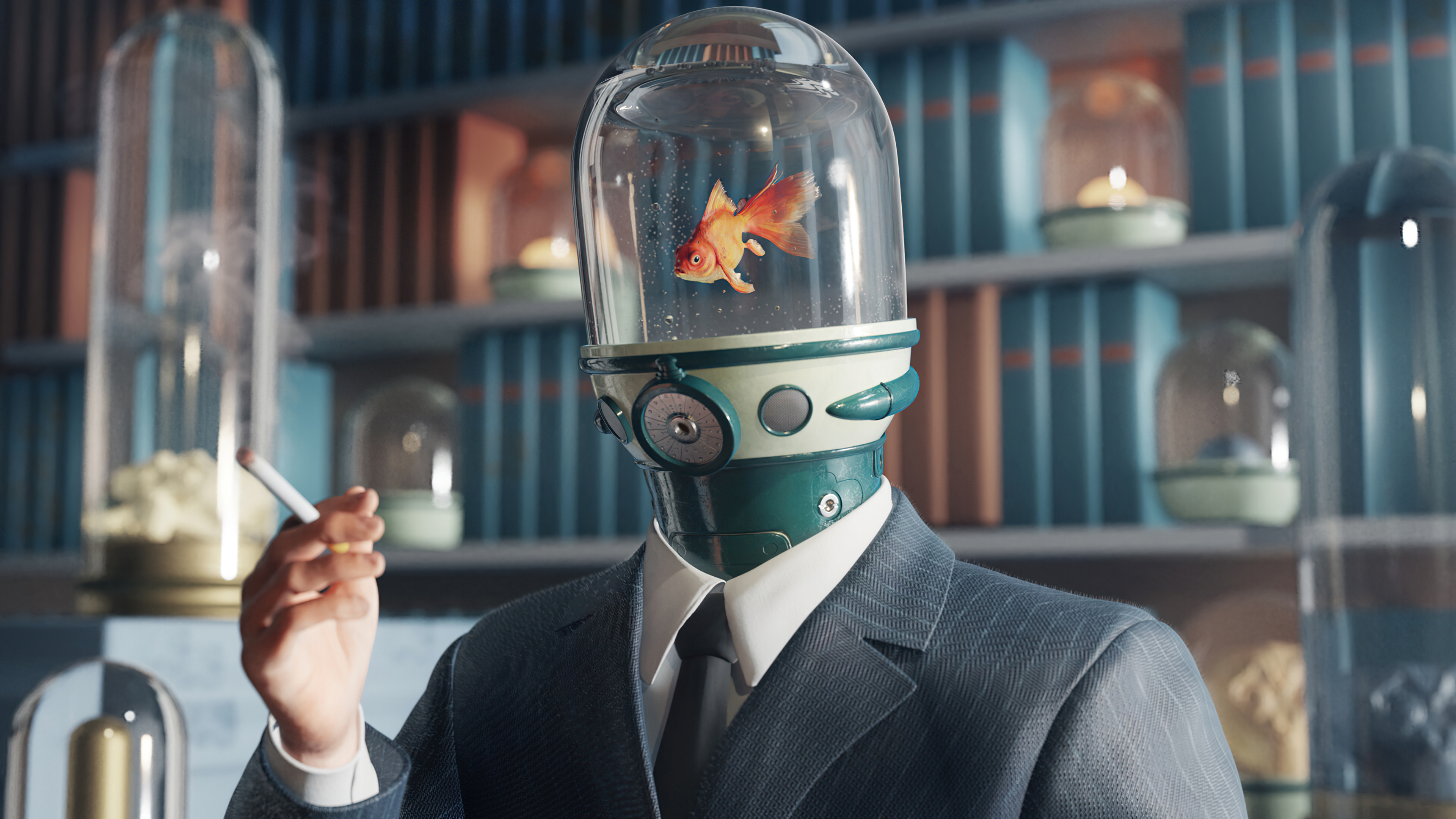 Robot with goldfish head smoking a cigarette HD Wallpaper