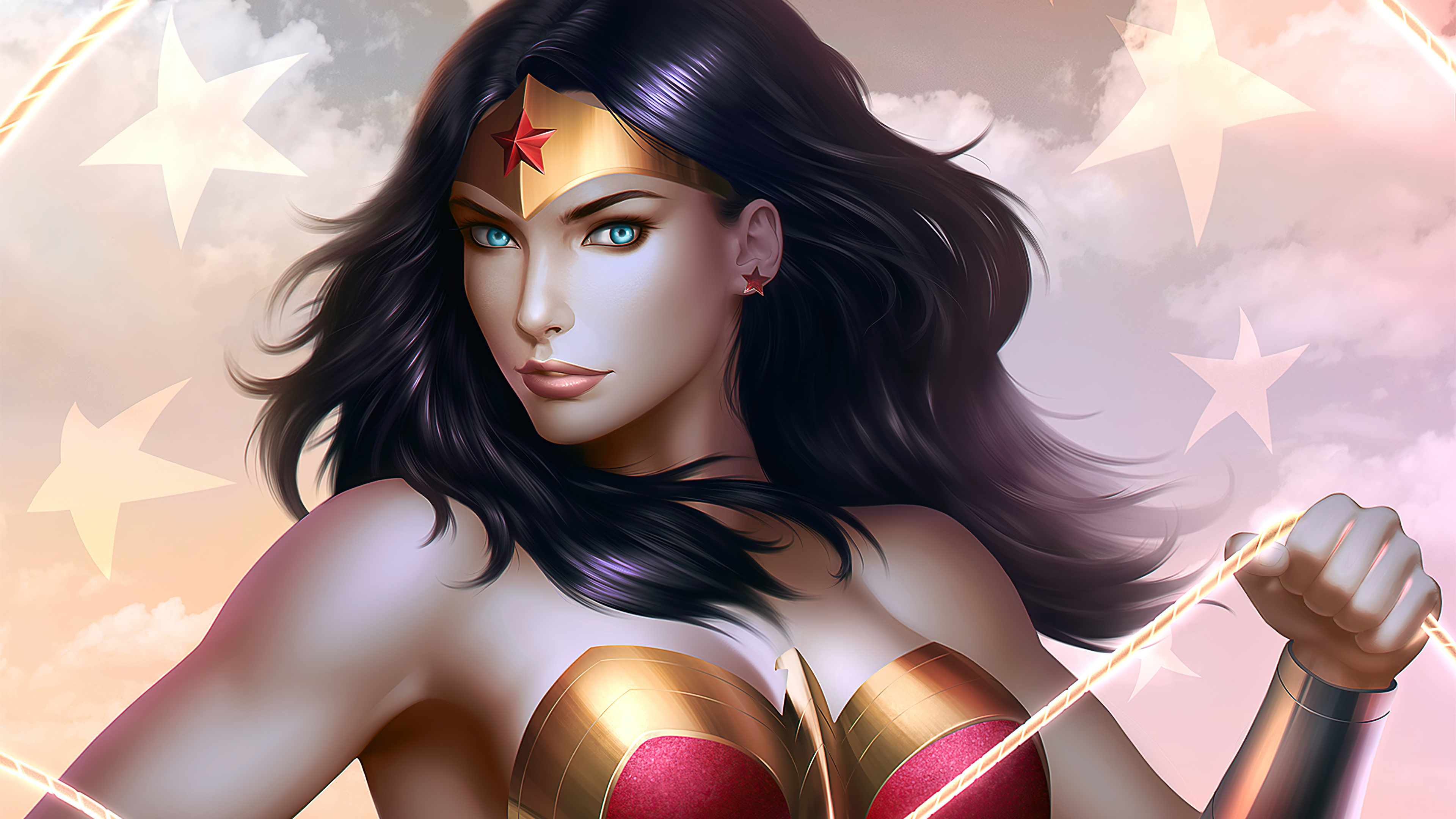 Wonder Woman artwork with stars and clouds HD Wallpaper