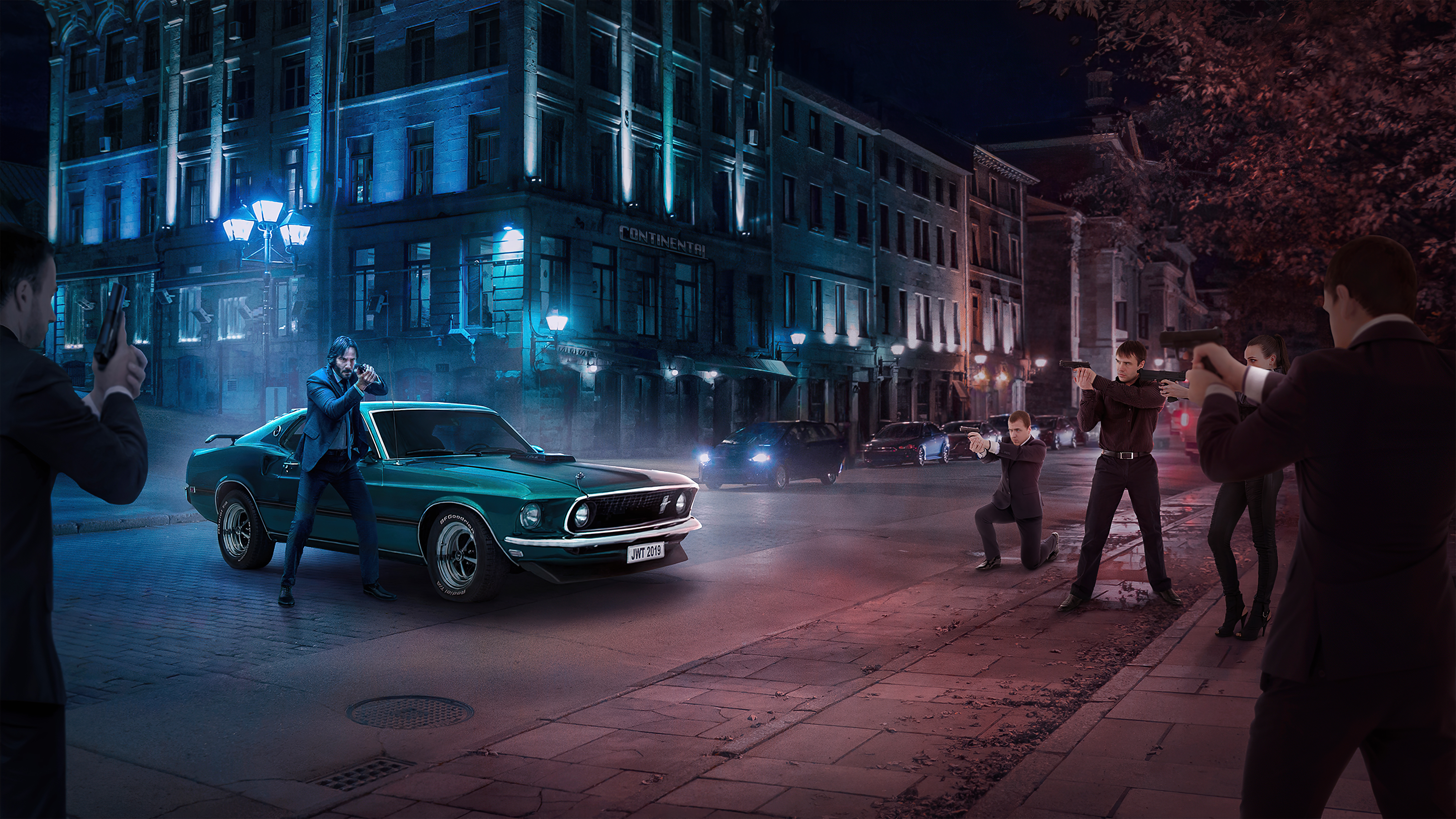 John Wick in a shootout with a vintage car HD Wallpaper