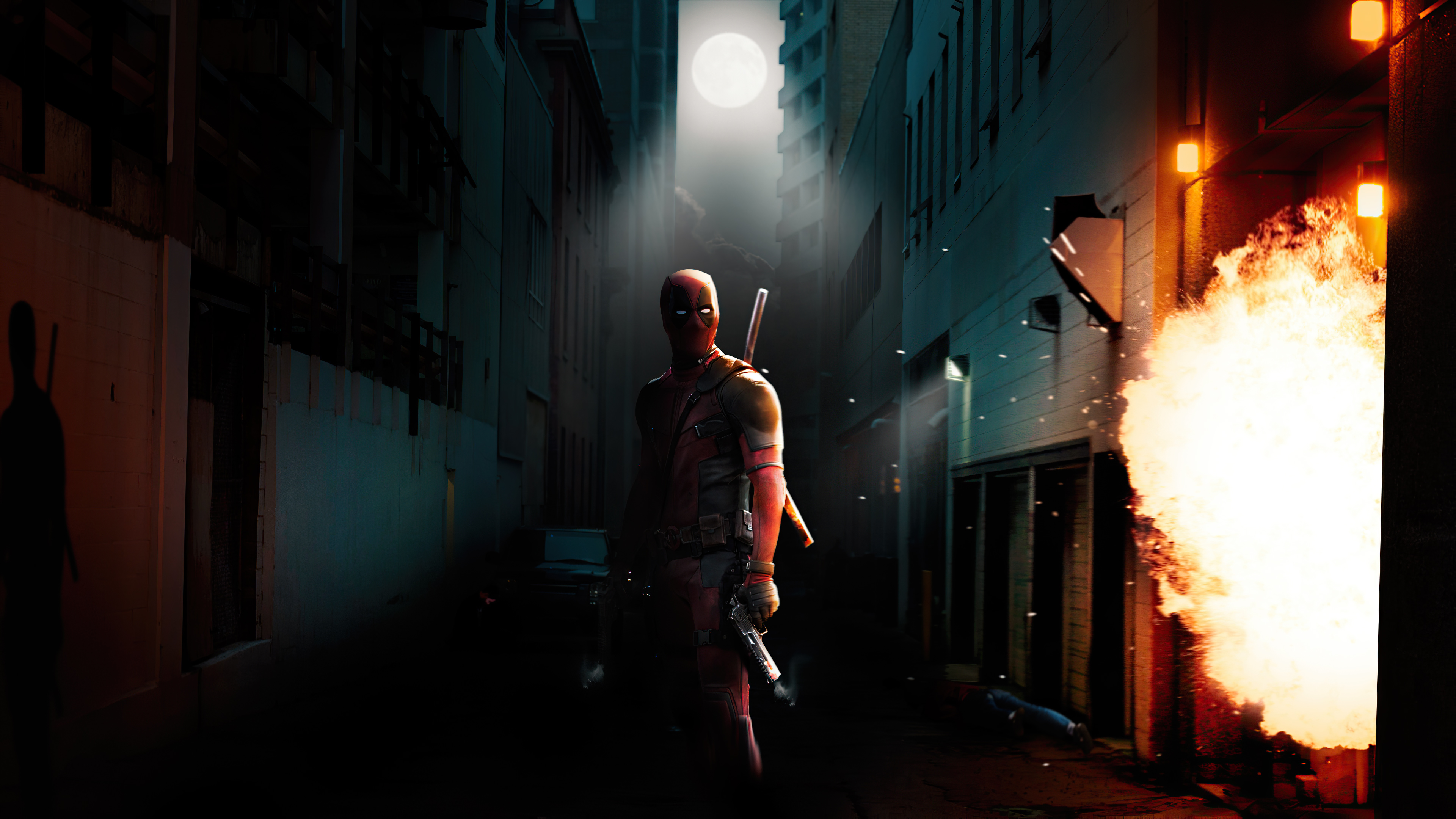 Deadpool in a dark alley with an explosion HD Wallpaper