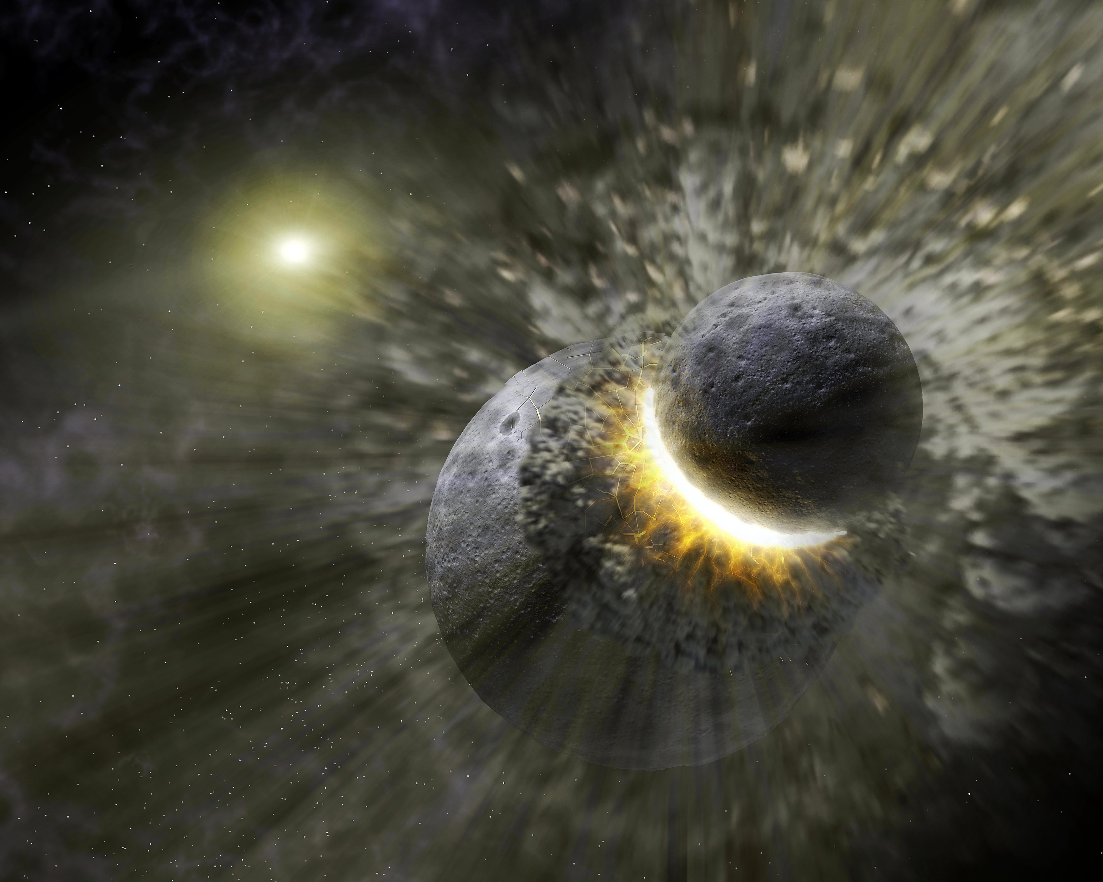 Planetary collision in digital universe artwork HD Wallpaper