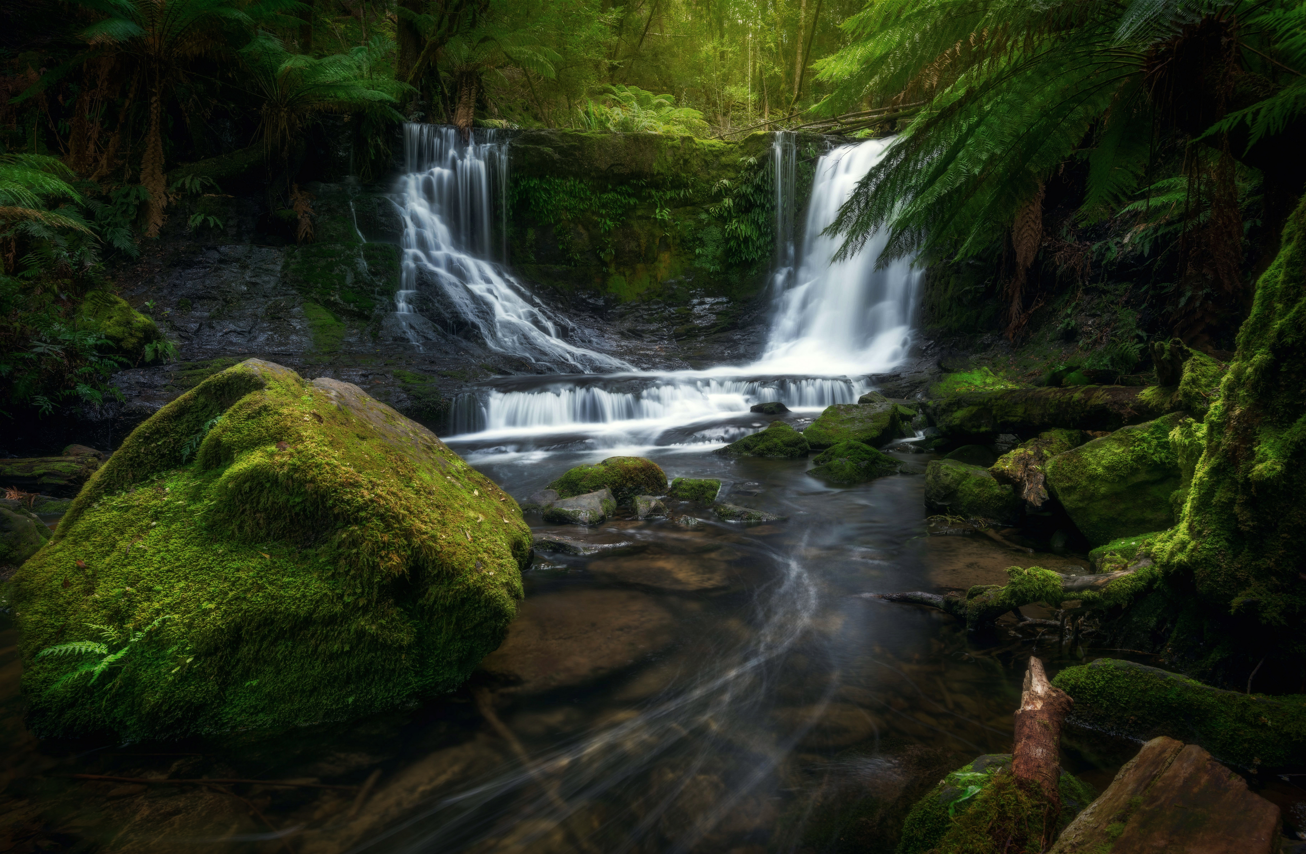 Majestic Waterfalls in a Lush Forest HD Wallpaper