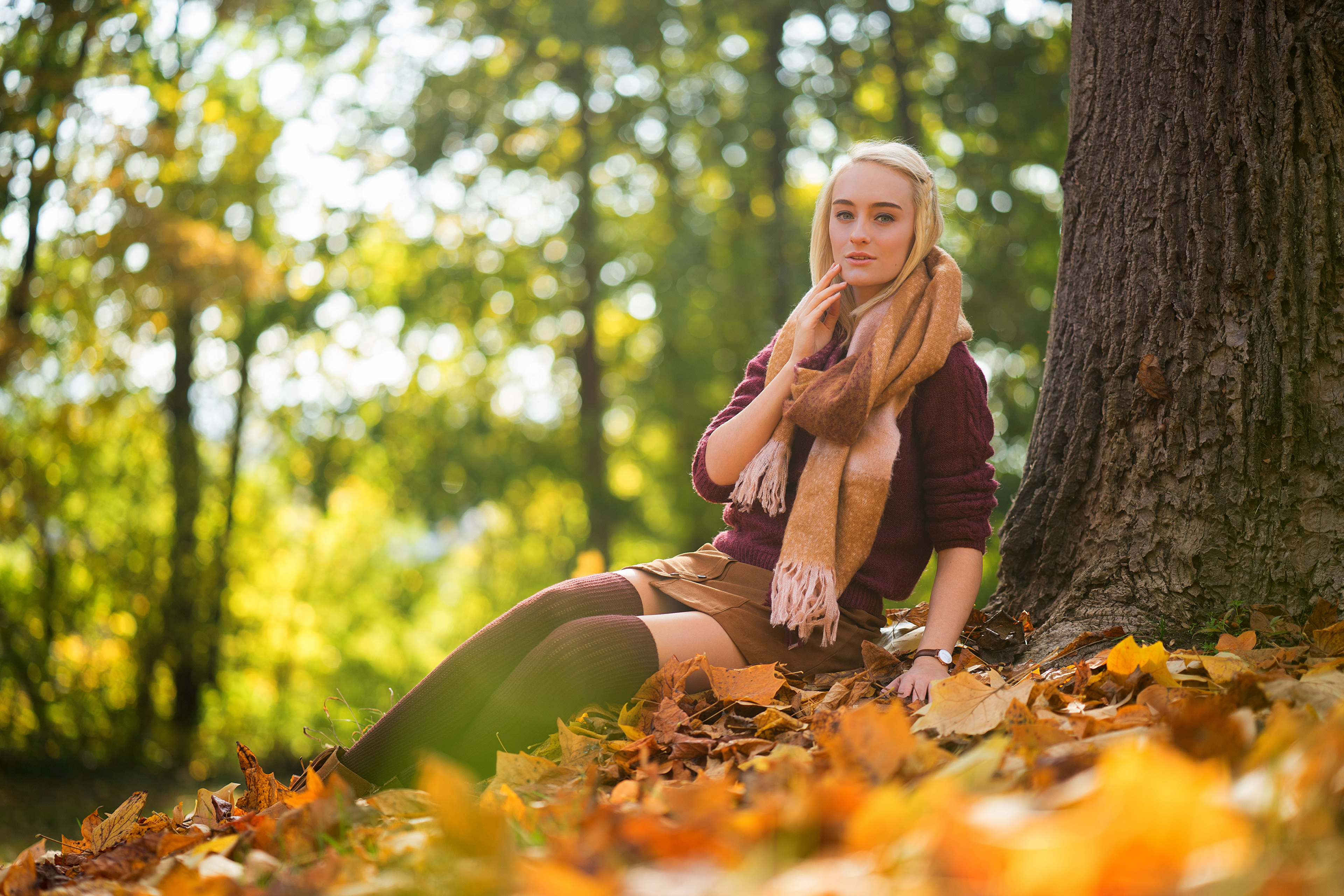 Blonde girl in autumn park HD Wallpaper